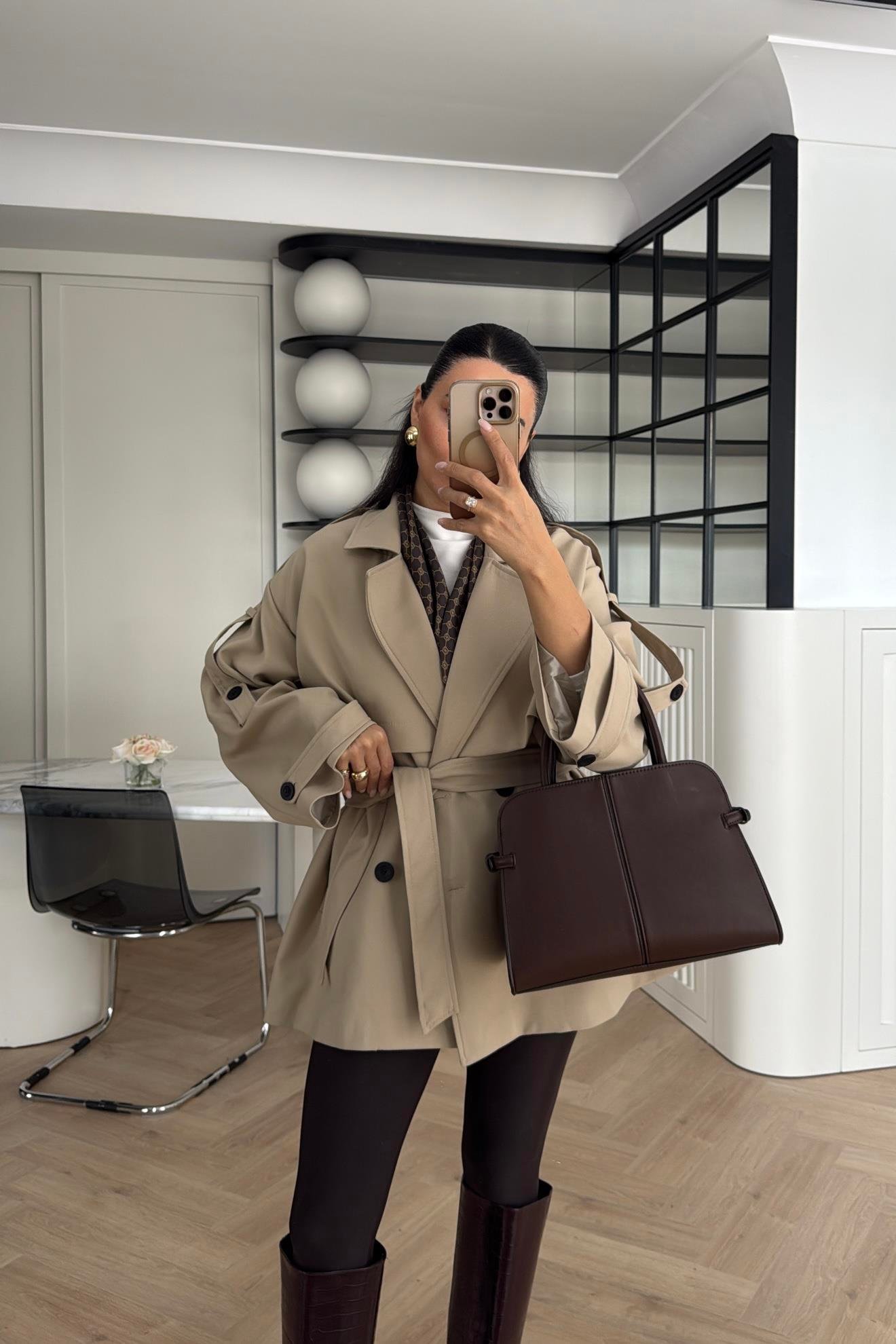 CAMEL TASARIM ASTARLI PREMIUM KISA TRENÇKOT