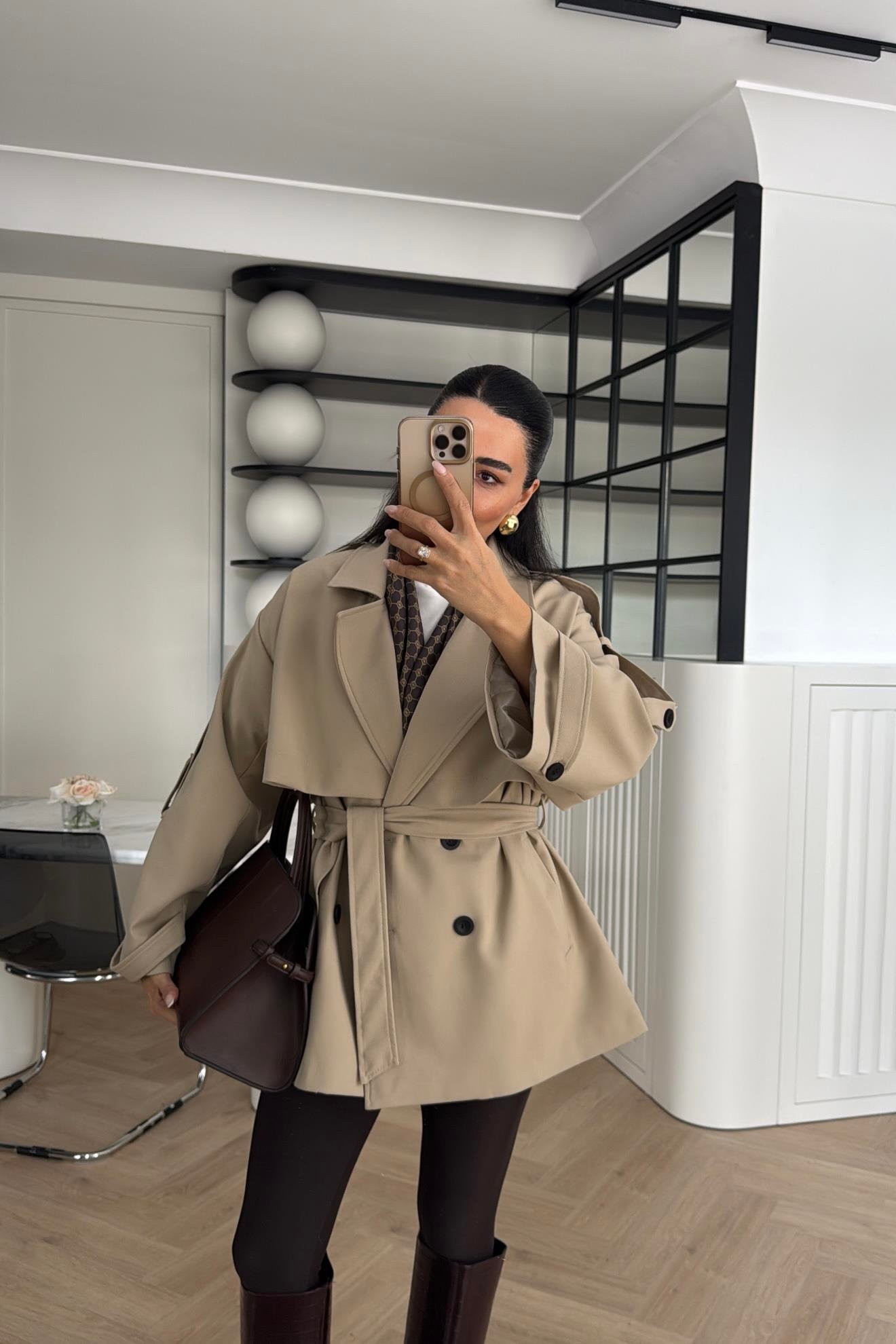 CAMEL TASARIM ASTARLI PREMIUM KISA TRENÇKOT