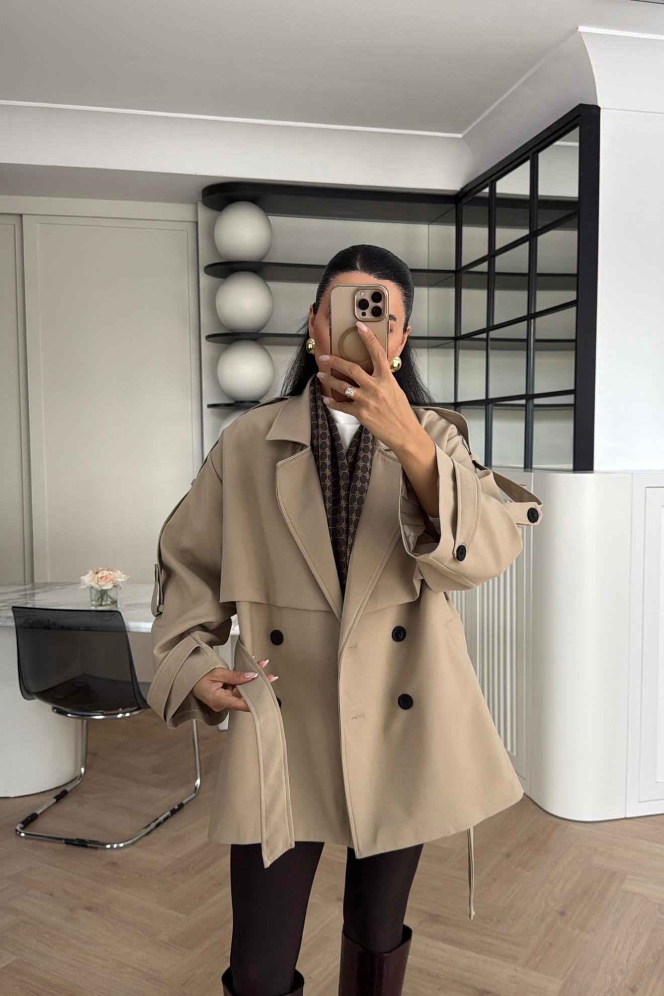 CAMEL TASARIM ASTARLI PREMIUM KISA TRENÇKOT