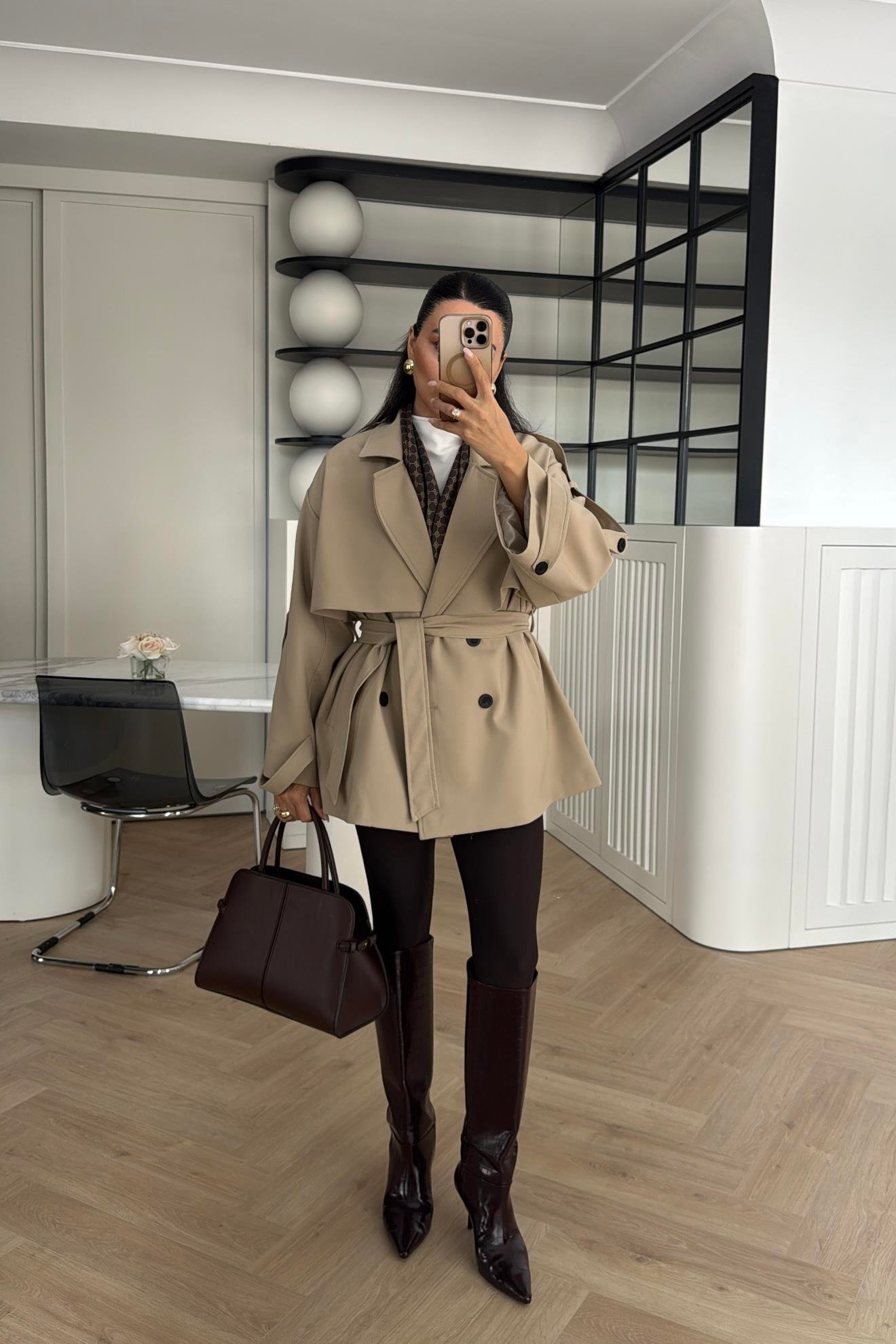 CAMEL TASARIM ASTARLI PREMIUM KISA TRENÇKOT