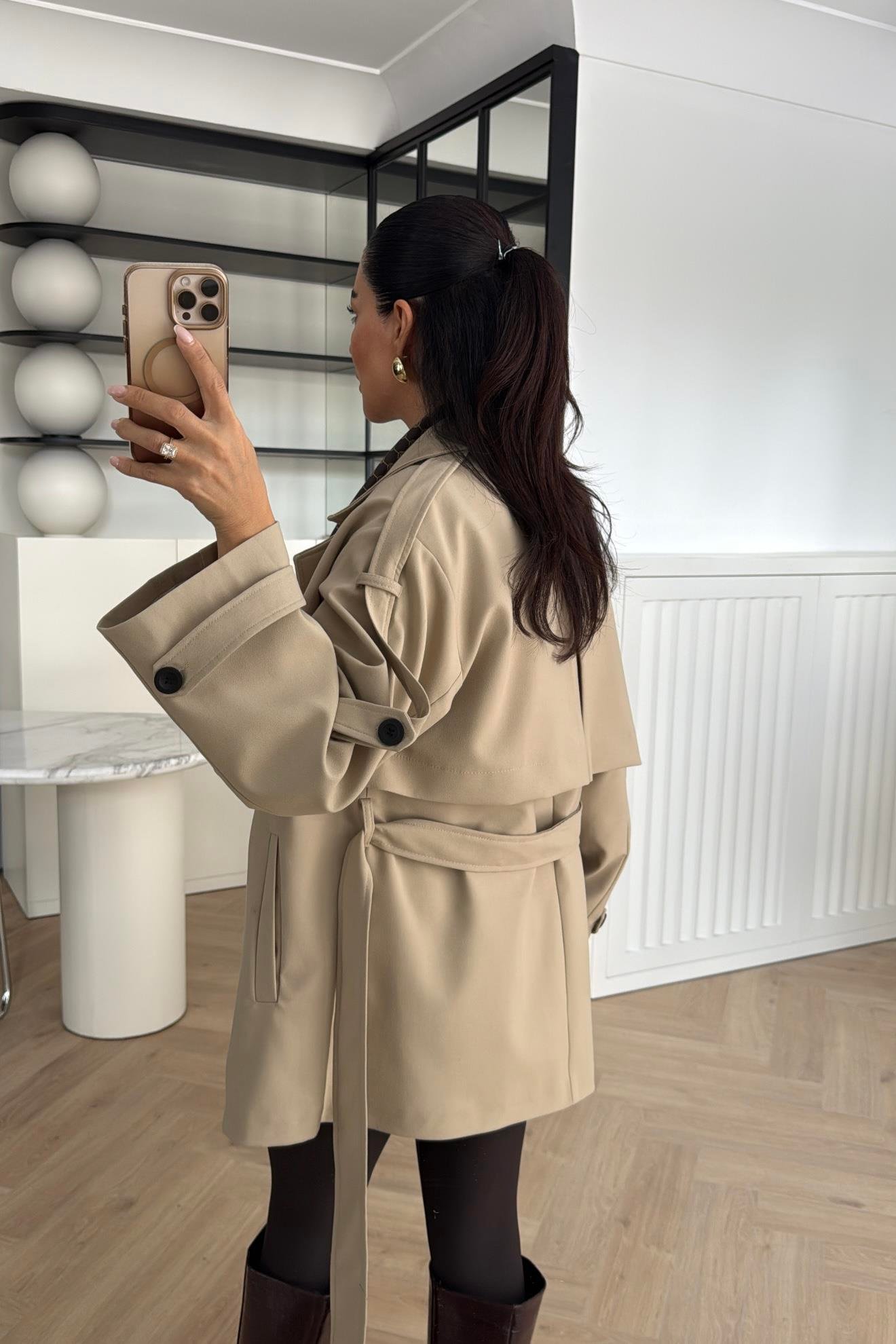 CAMEL TASARIM ASTARLI PREMIUM KISA TRENÇKOT