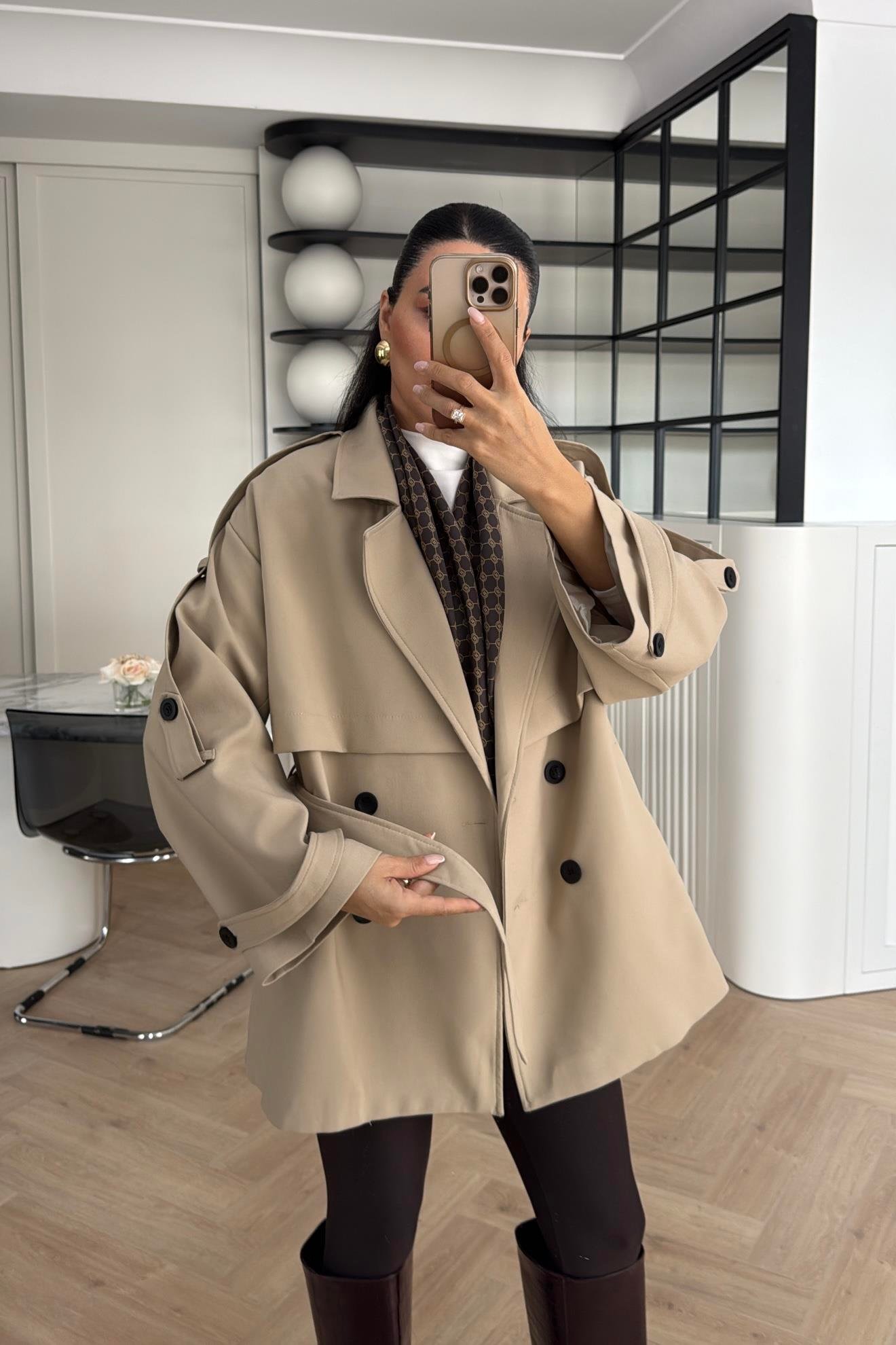 CAMEL TASARIM ASTARLI PREMIUM KISA TRENÇKOT