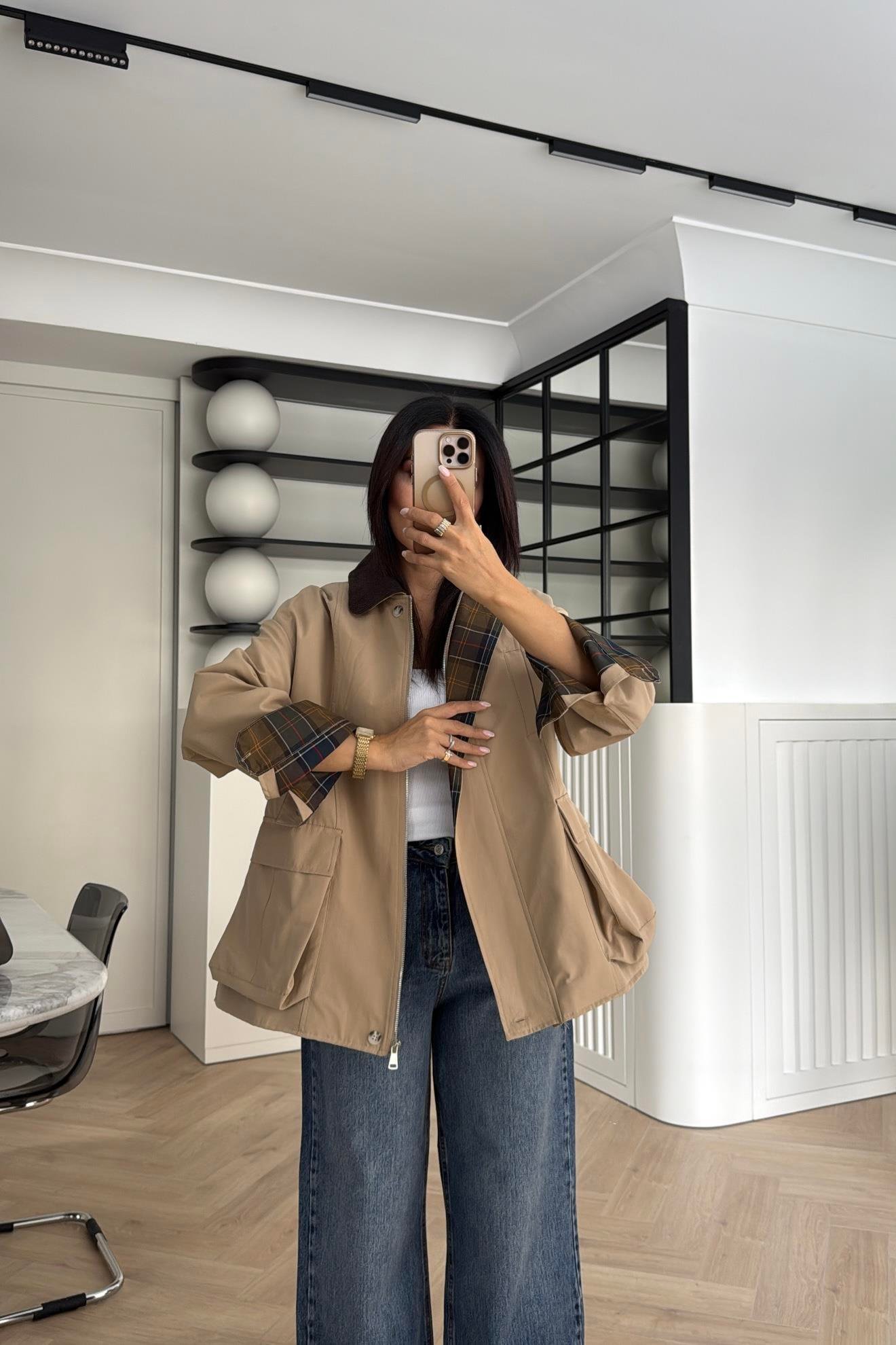 CEPLİ EKOSE CEKET BEJ