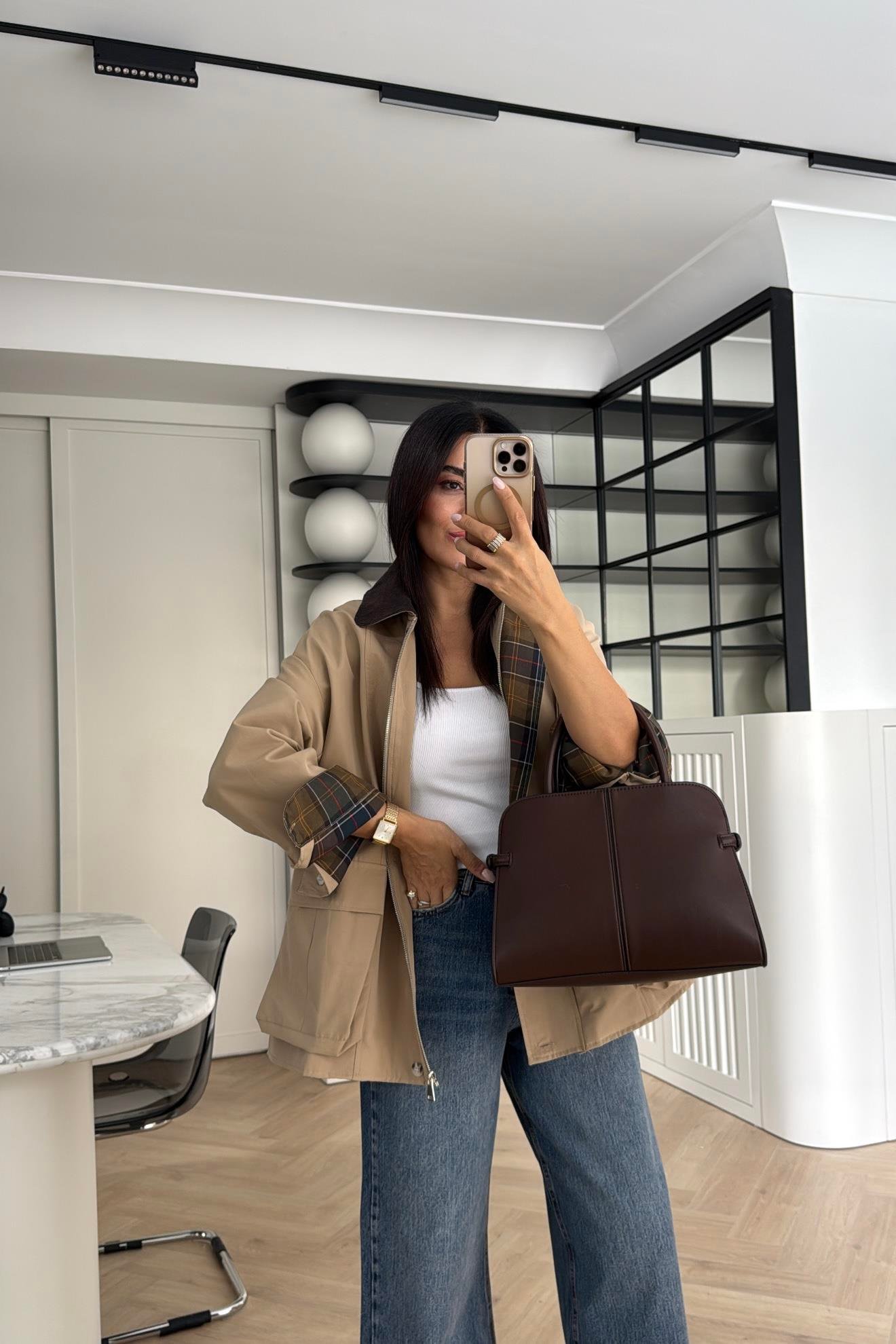 CEPLİ EKOSE CEKET BEJ