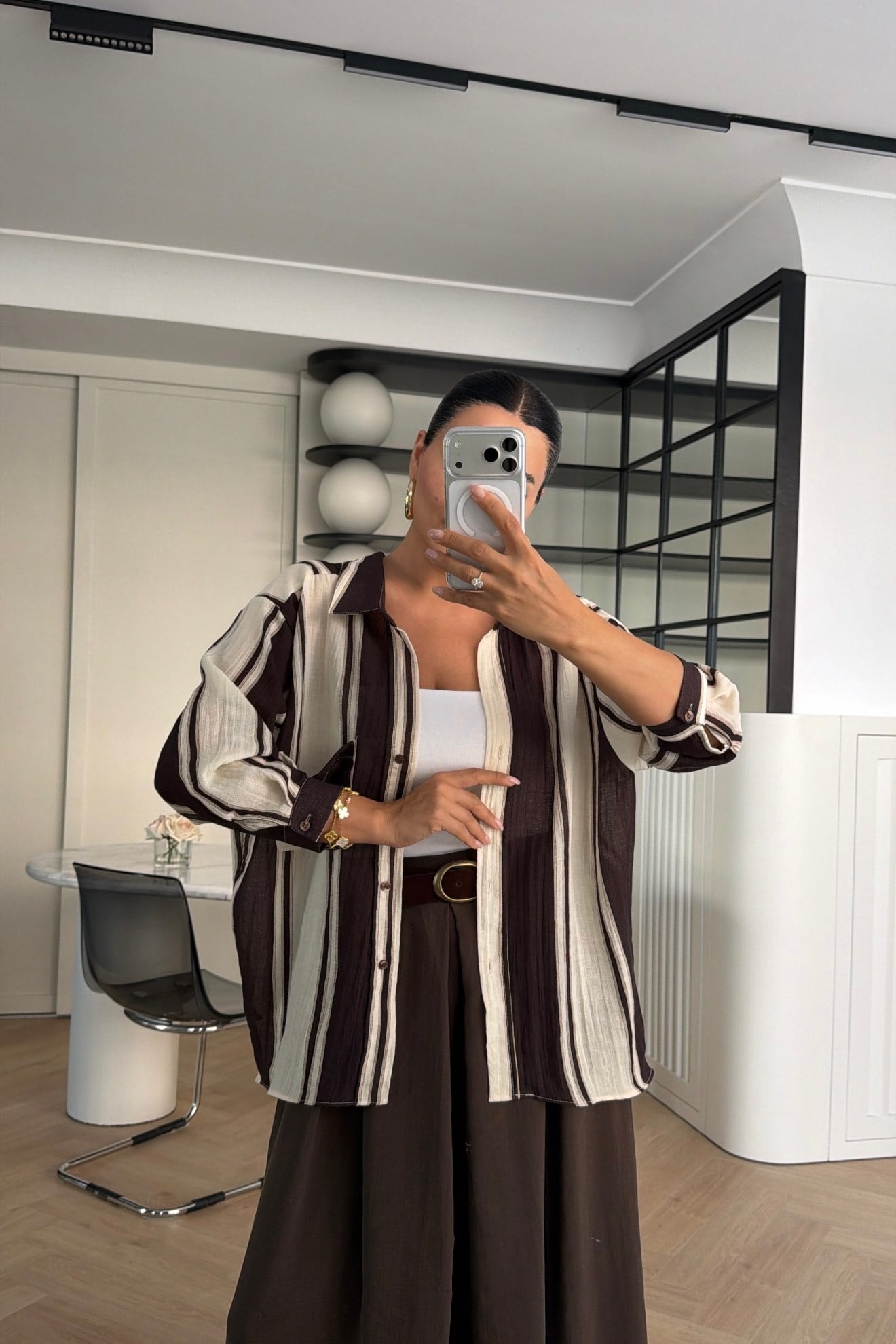 ÇİZGİLİ KETEN GÖMLEK KAHVE 