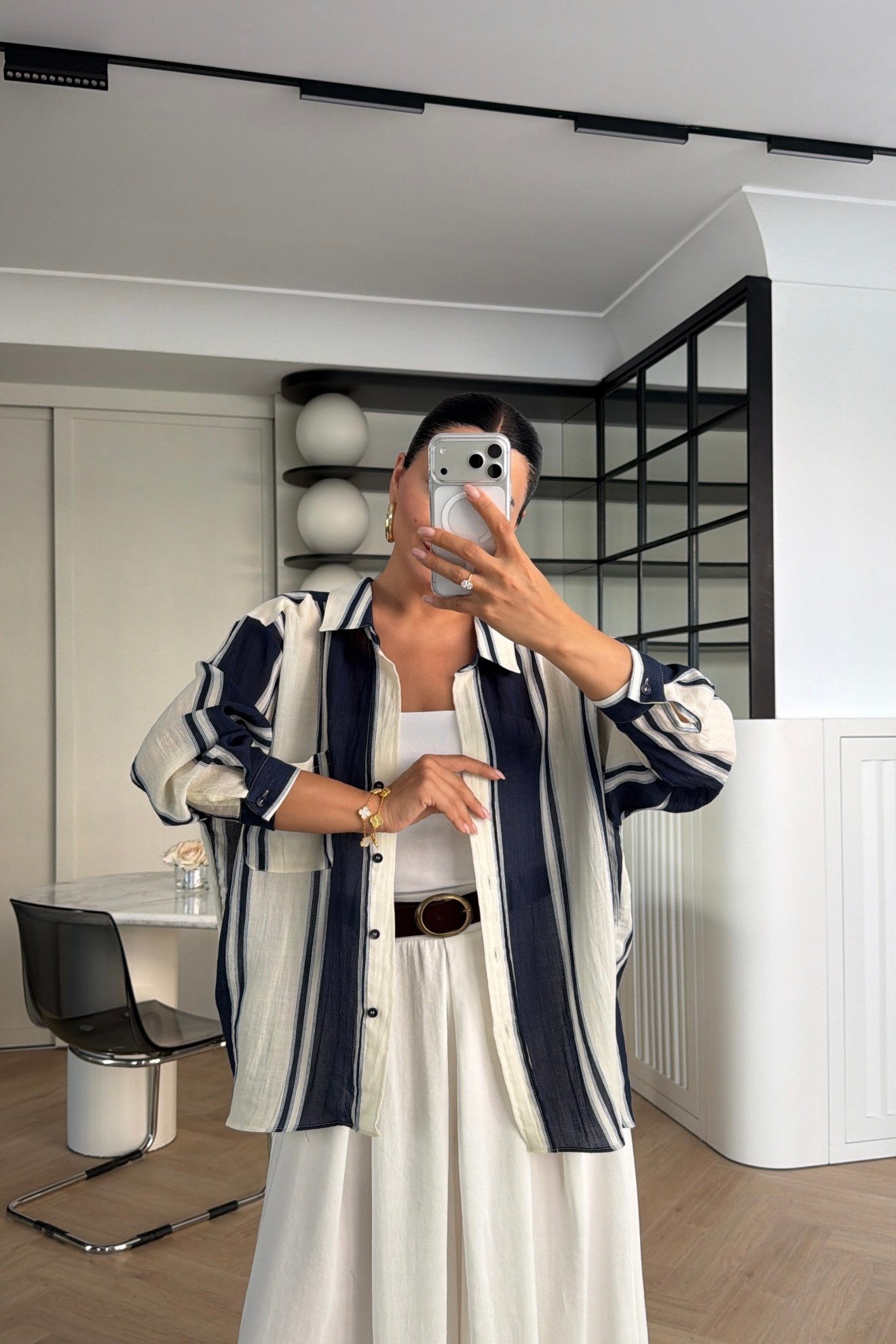 ÇİZGİLİ KETEN GÖMLEK MAVİ 