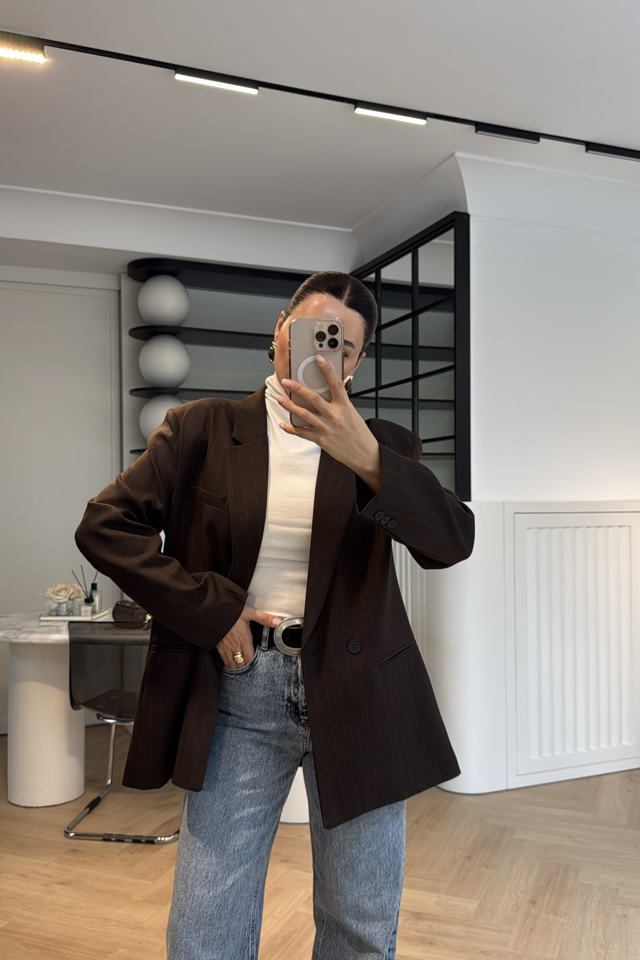 ÇİZGİLİ OVERSİZE BLAZER CEKET KAHVE 