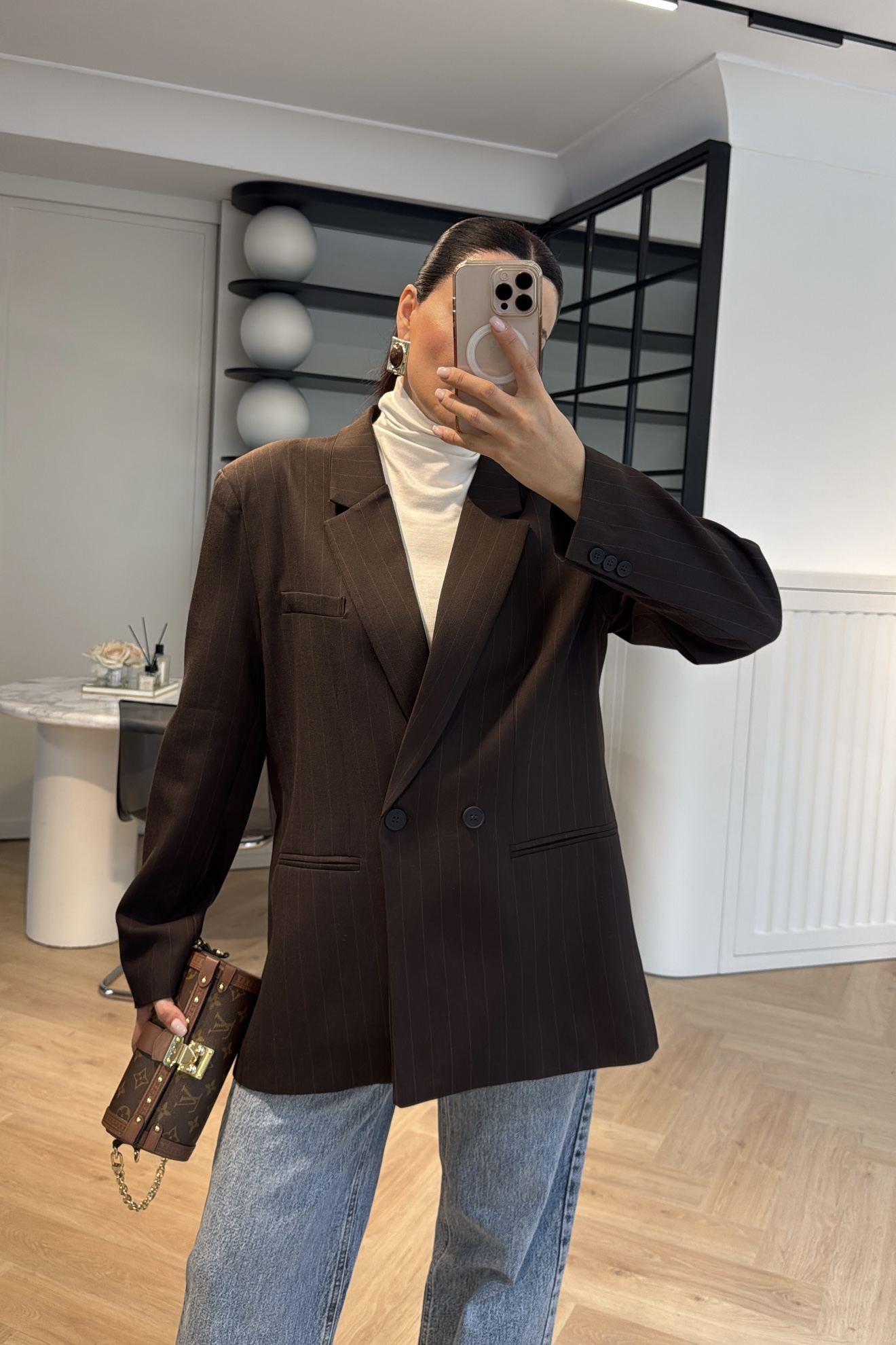 ÇİZGİLİ OVERSİZE BLAZER CEKET KAHVE 