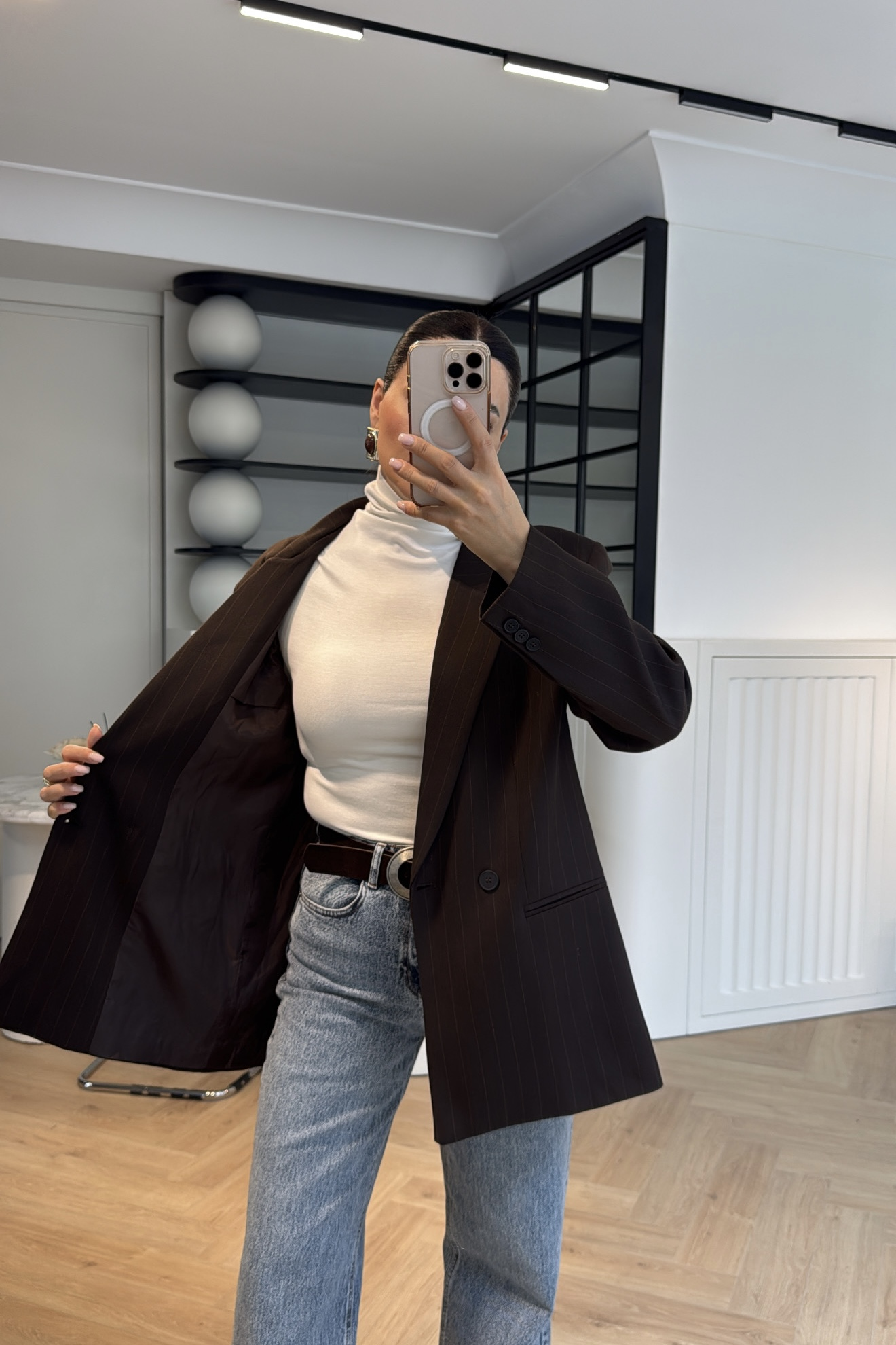 ÇİZGİLİ OVERSİZE BLAZER CEKET KAHVE 