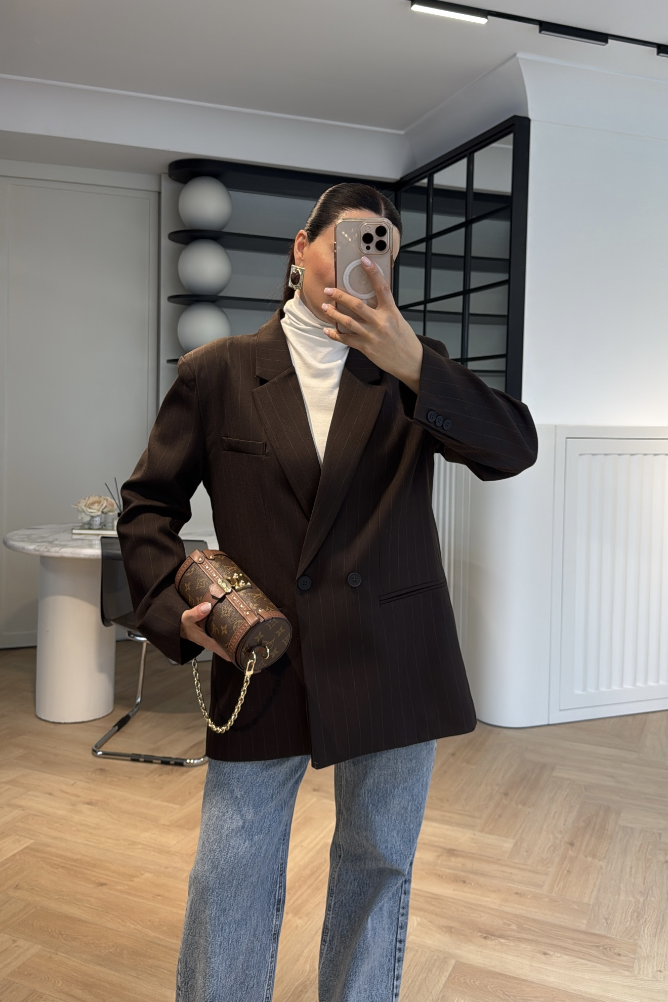 ÇİZGİLİ OVERSİZE BLAZER CEKET KAHVE 