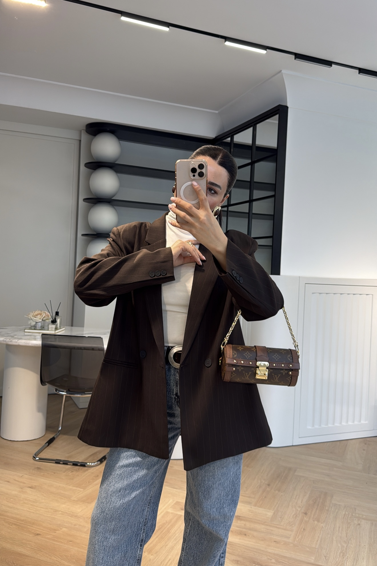 ÇİZGİLİ OVERSİZE BLAZER CEKET KAHVE 