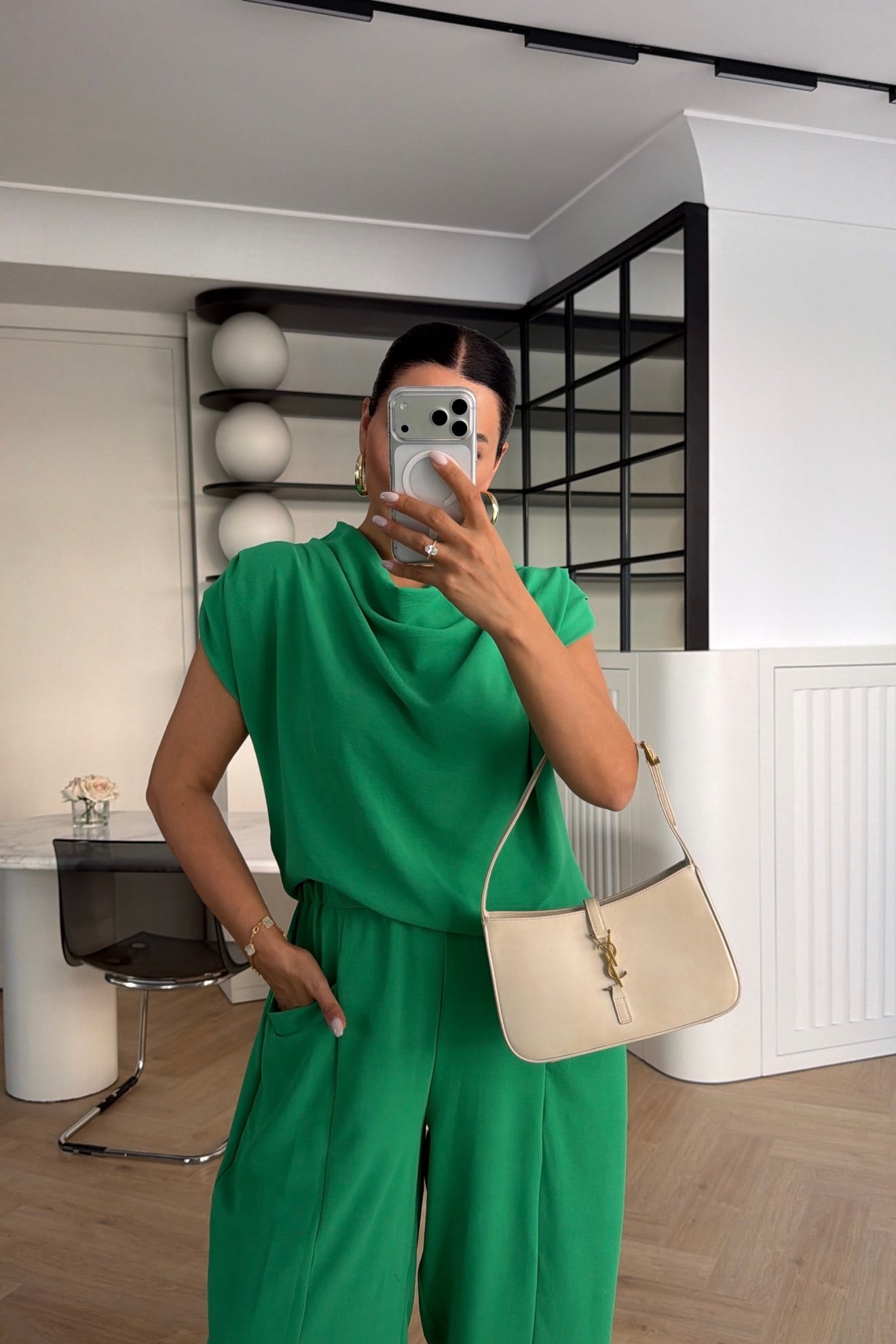 DEGAJE YAKA VATKALI BLUZ VE PANTOLON TAKIM YEŞİL