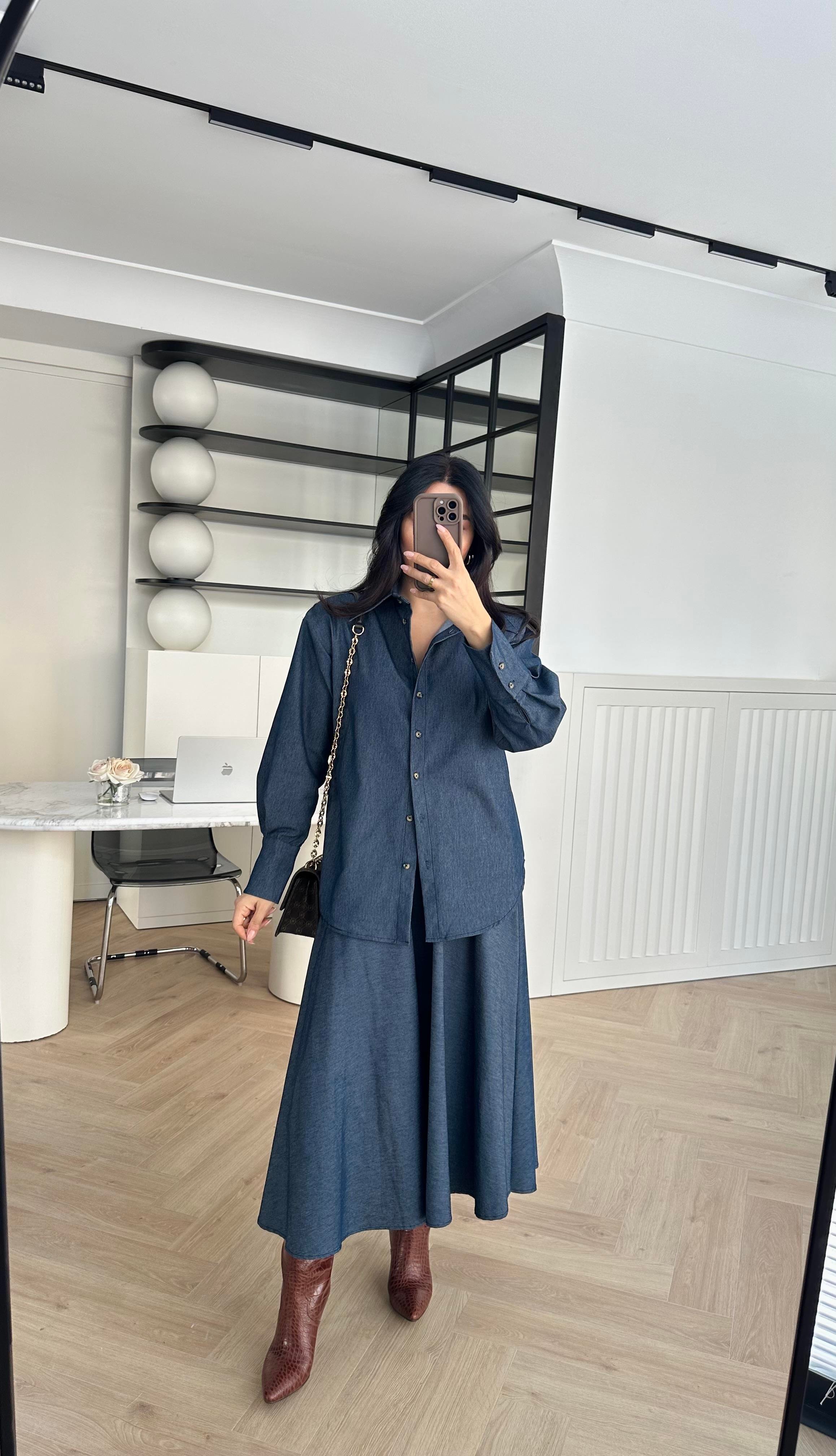 Denim Gömlek Etek Takım