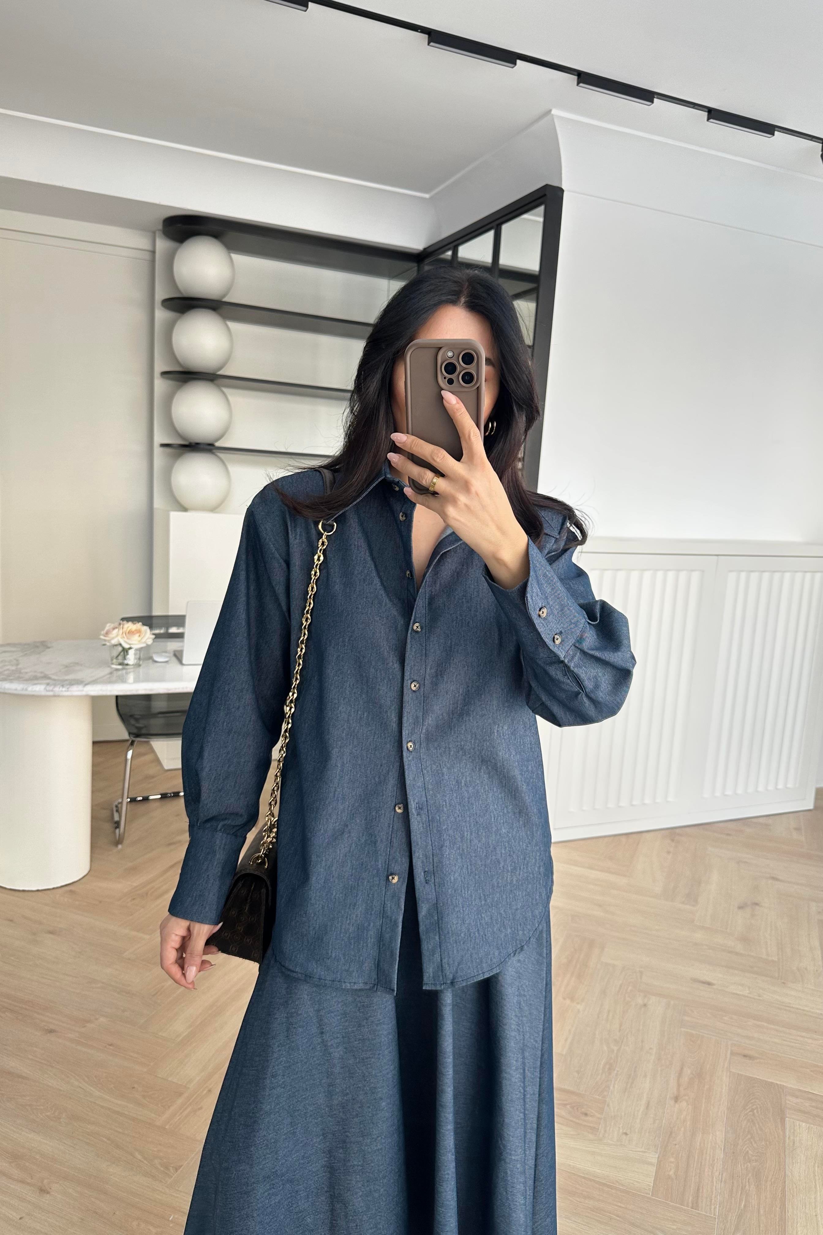 Denim Gömlek Etek Takım