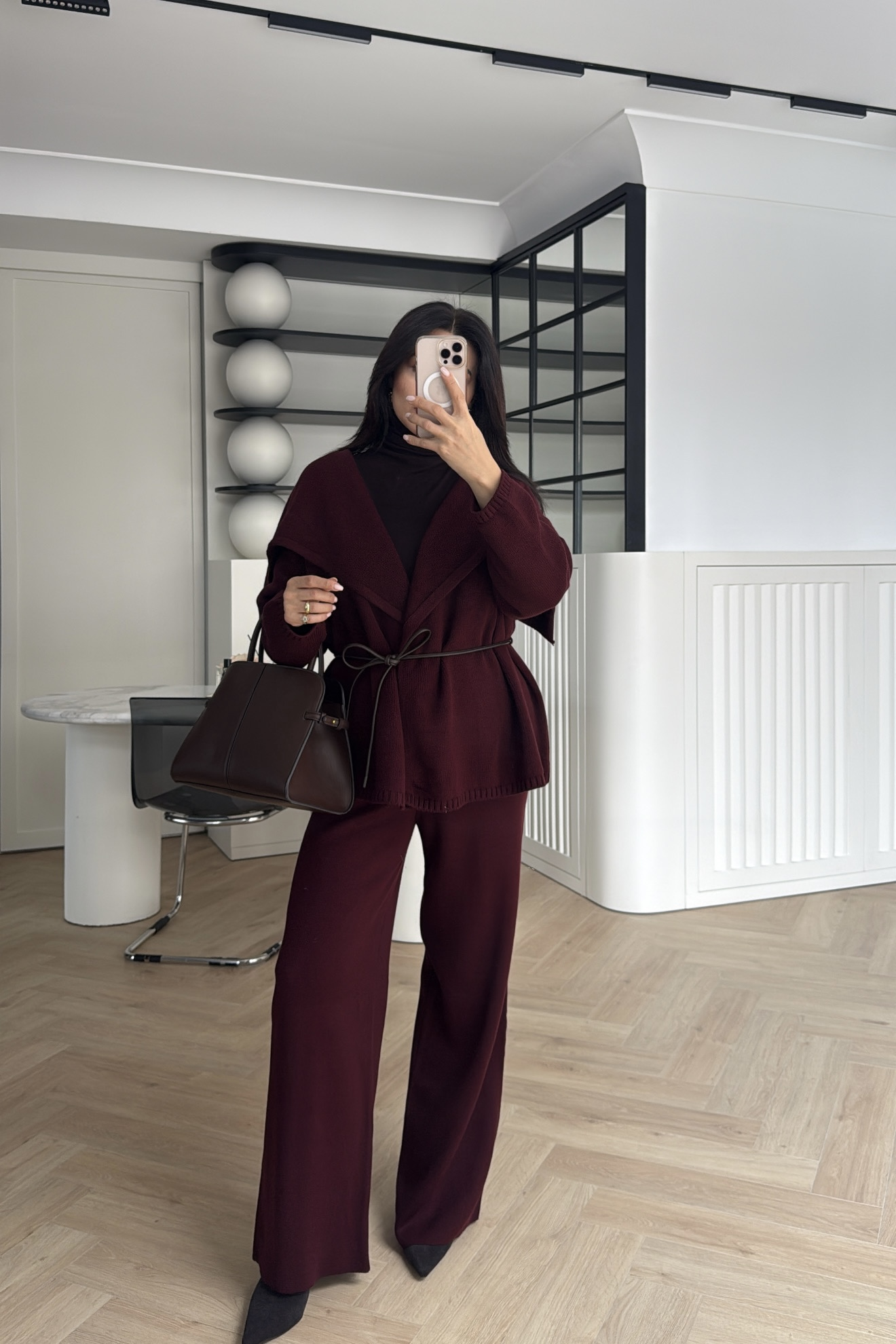 DERİ KEMERLİ TRİKO TAKIM BORDO