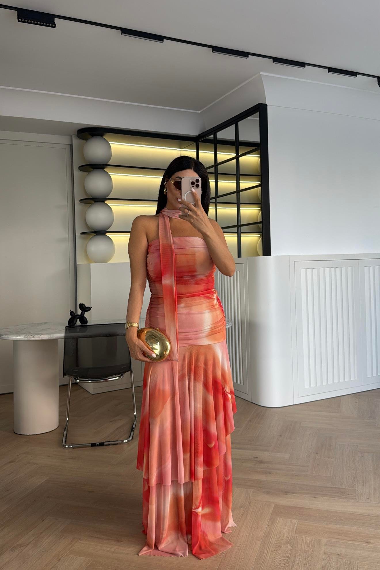 DESENLİ STRAPLEZ RENKLİ ŞİFON ELBİSE