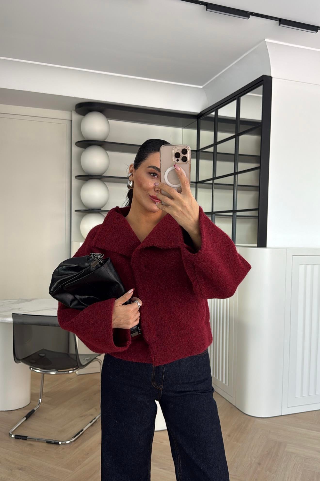 DİK YAKA CEPLİ TRİKO CEKET BORDO