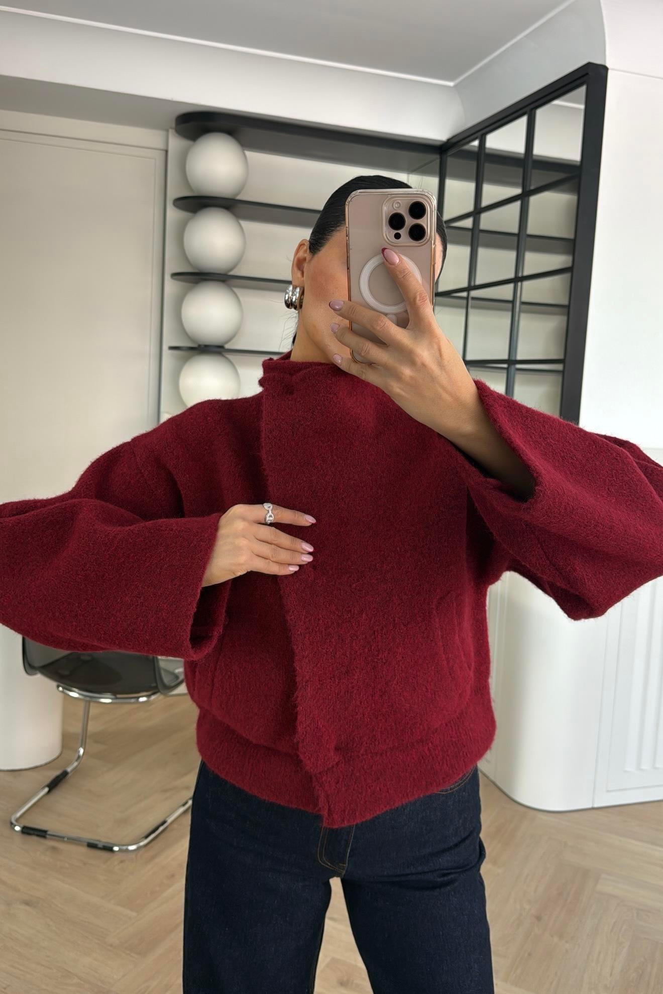 DİK YAKA CEPLİ TRİKO CEKET BORDO