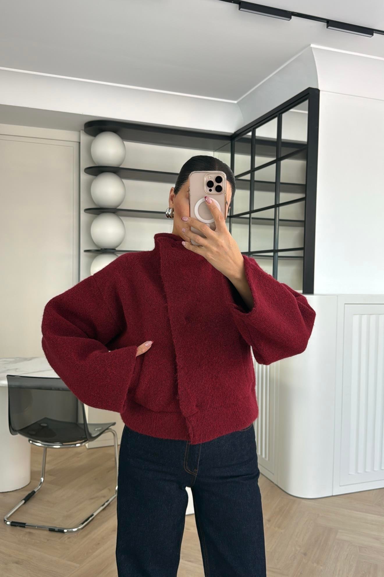 DİK YAKA CEPLİ TRİKO CEKET BORDO