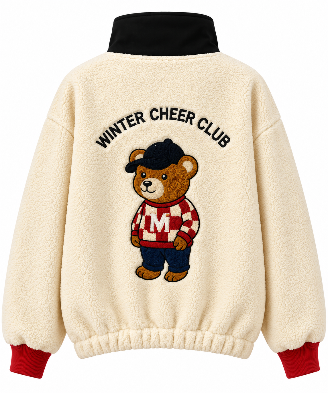 Dik Yaka Teddy Nakışlı Peluş Sweatshirt 