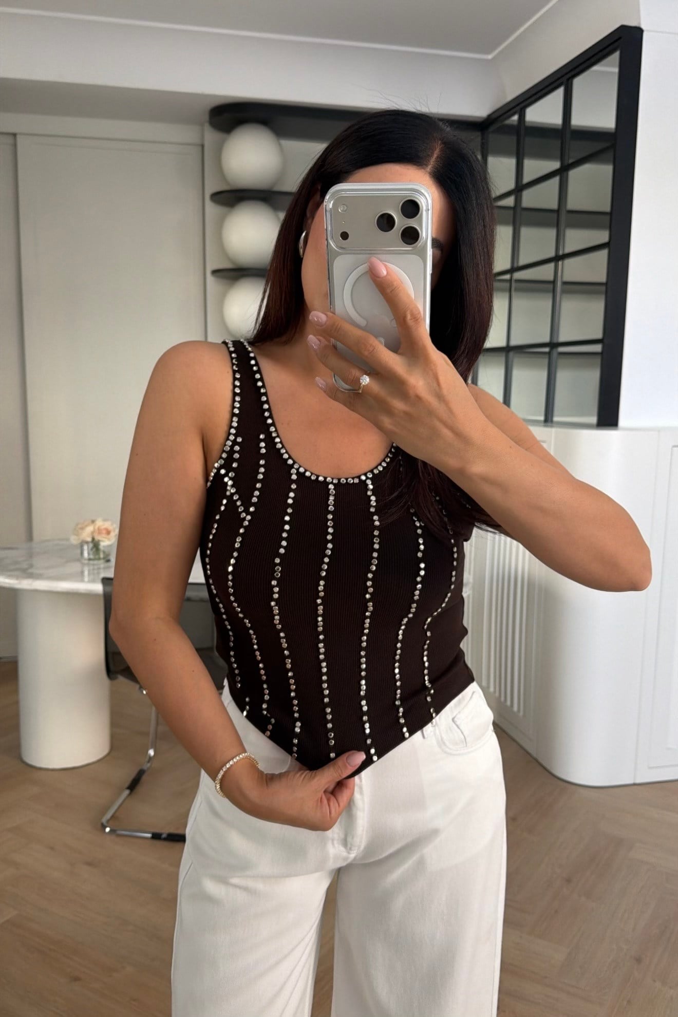 DİKEY TAŞ DETAYLI FİTİLLİ ATLET YENİ KAHVE 