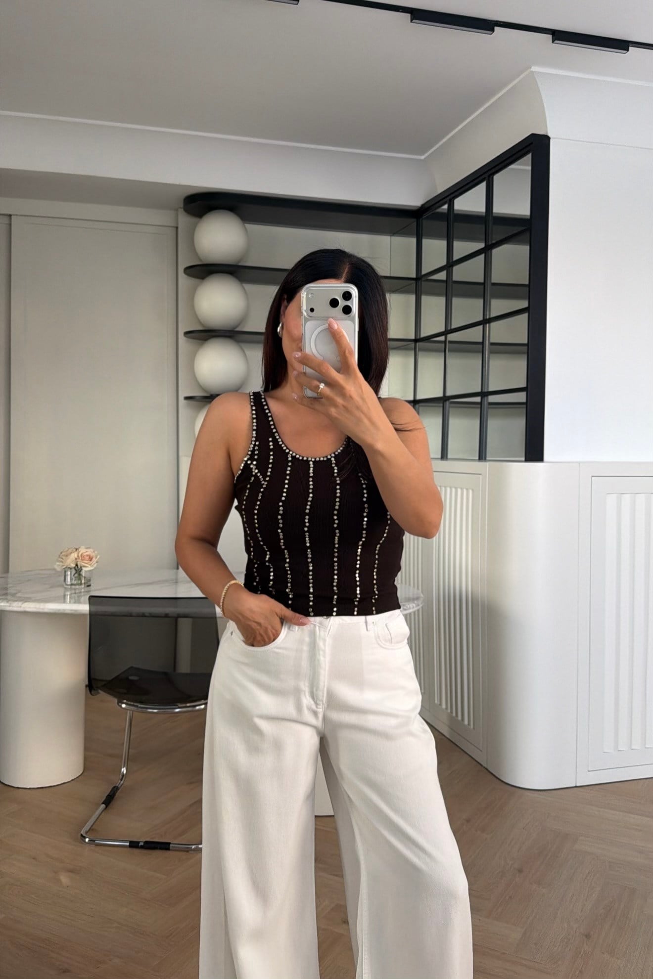 DİKEY TAŞ DETAYLI FİTİLLİ ATLET YENİ KAHVE 