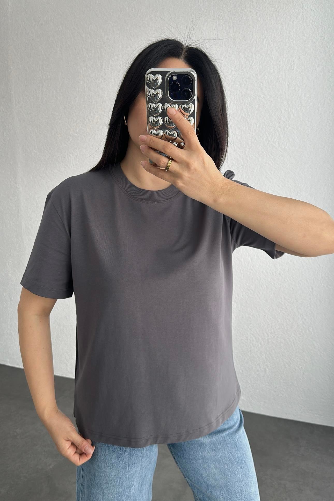 Dilvin Dekoratif Yaka Antrasit Basic Tişört 