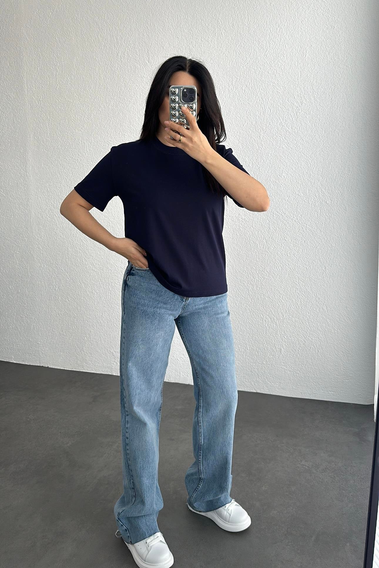 Dilvin Dekoratif Yaka Lacivert Basic Tişört 
