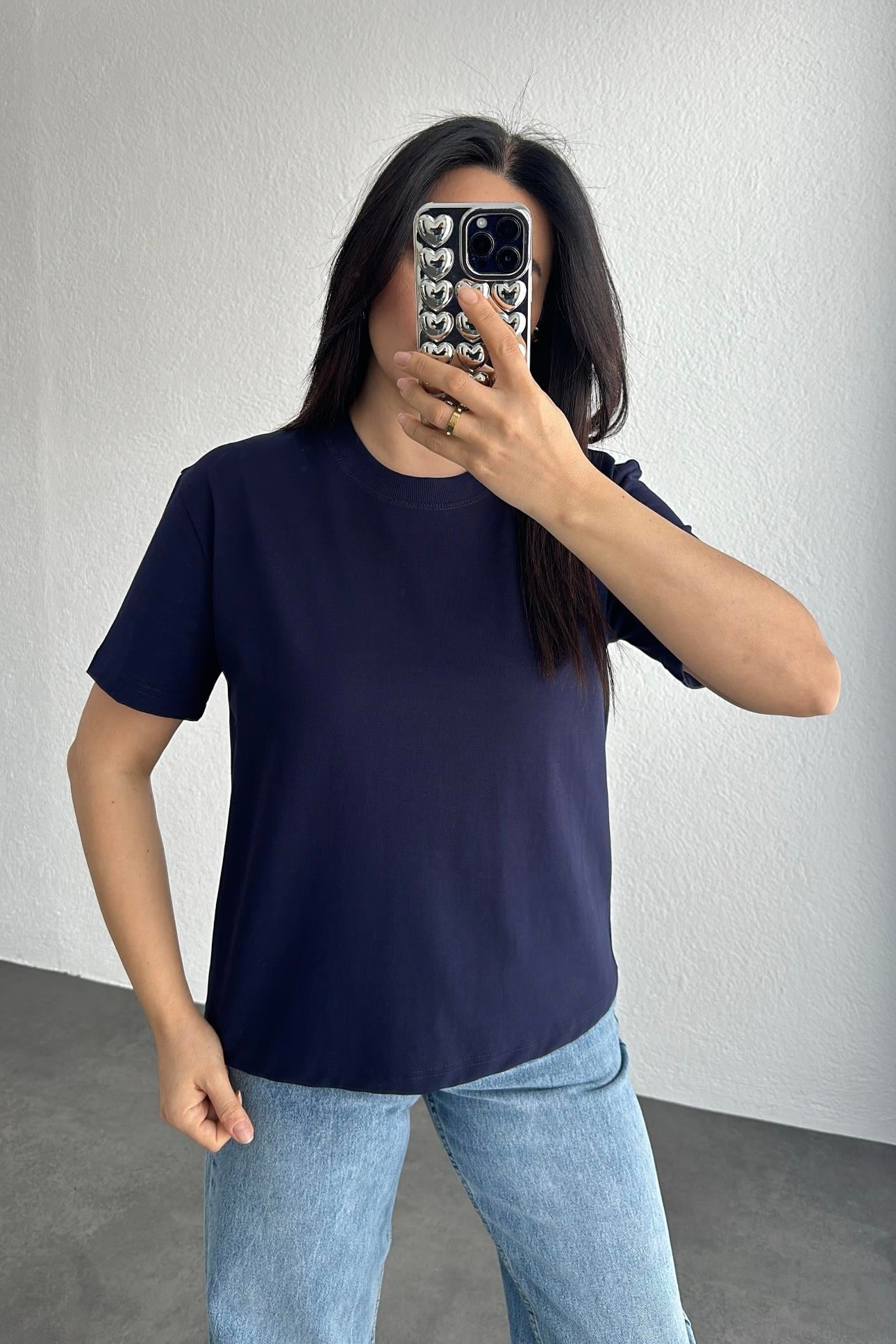 Dilvin Dekoratif Yaka Lacivert Basic Tişört 