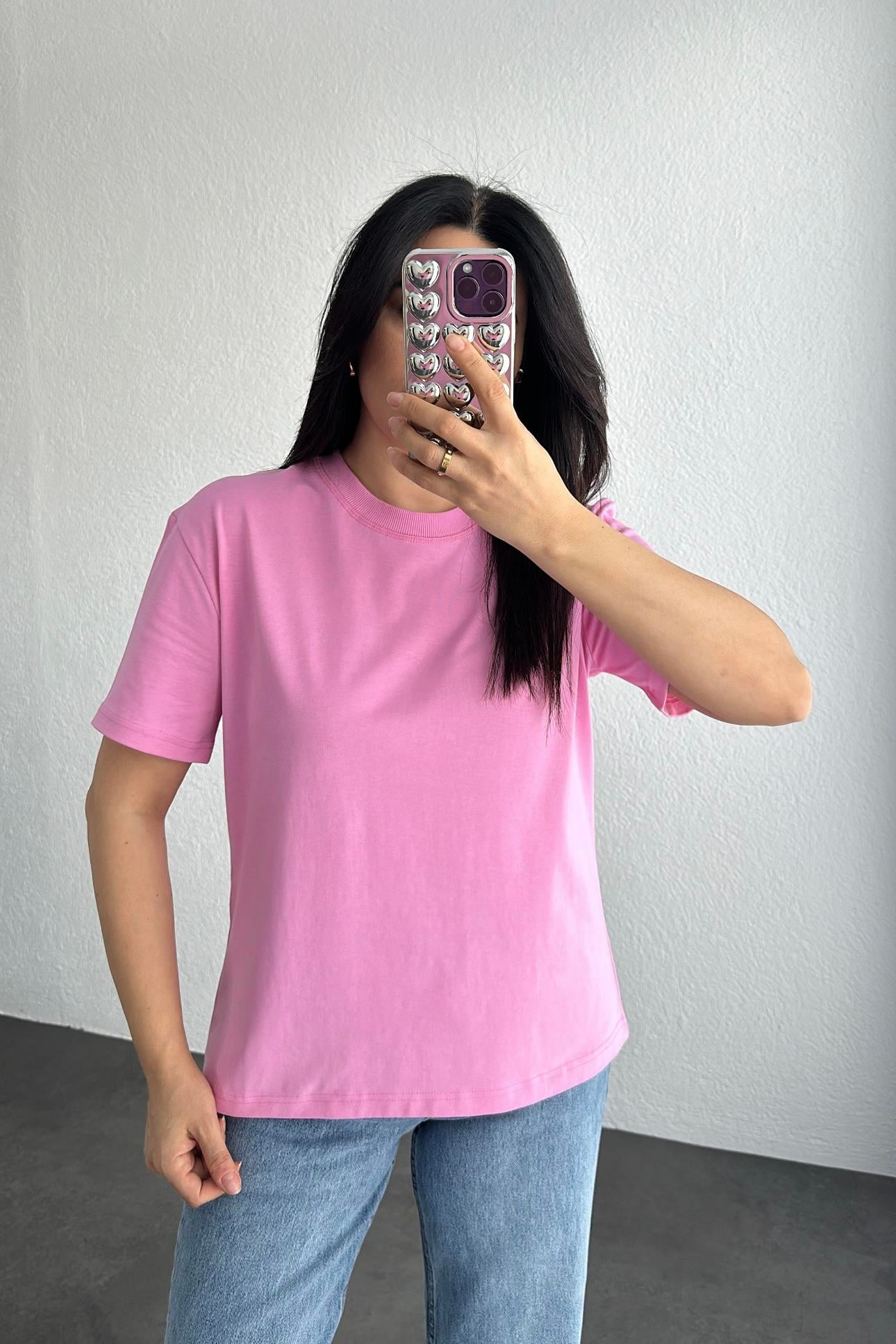 Dilvin Dekoratif Yaka Pembe Basic Tişört 