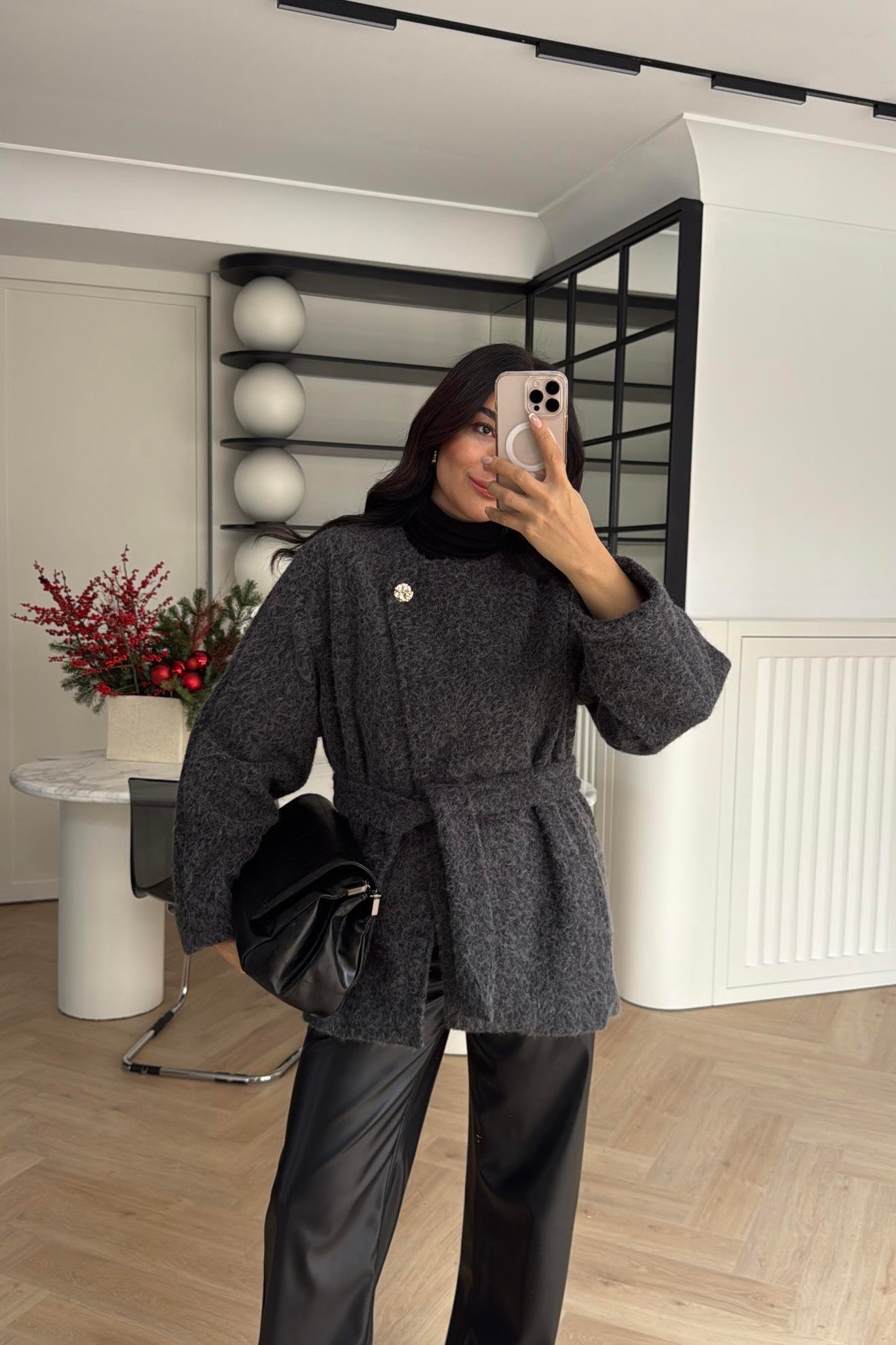 DÜĞME DETAYLI PELUŞ CEKET ANTRASİT 