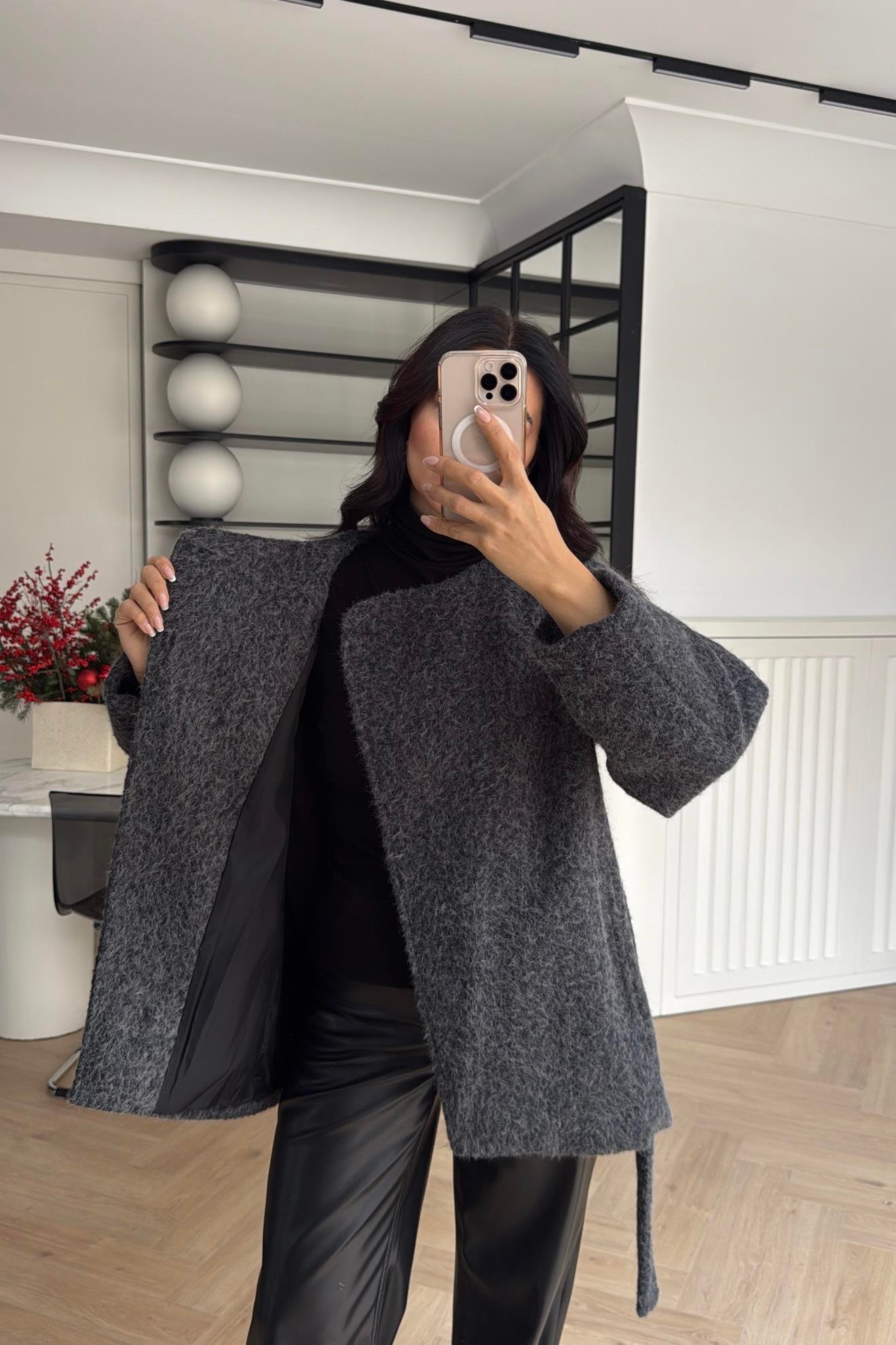 DÜĞME DETAYLI PELUŞ CEKET ANTRASİT 