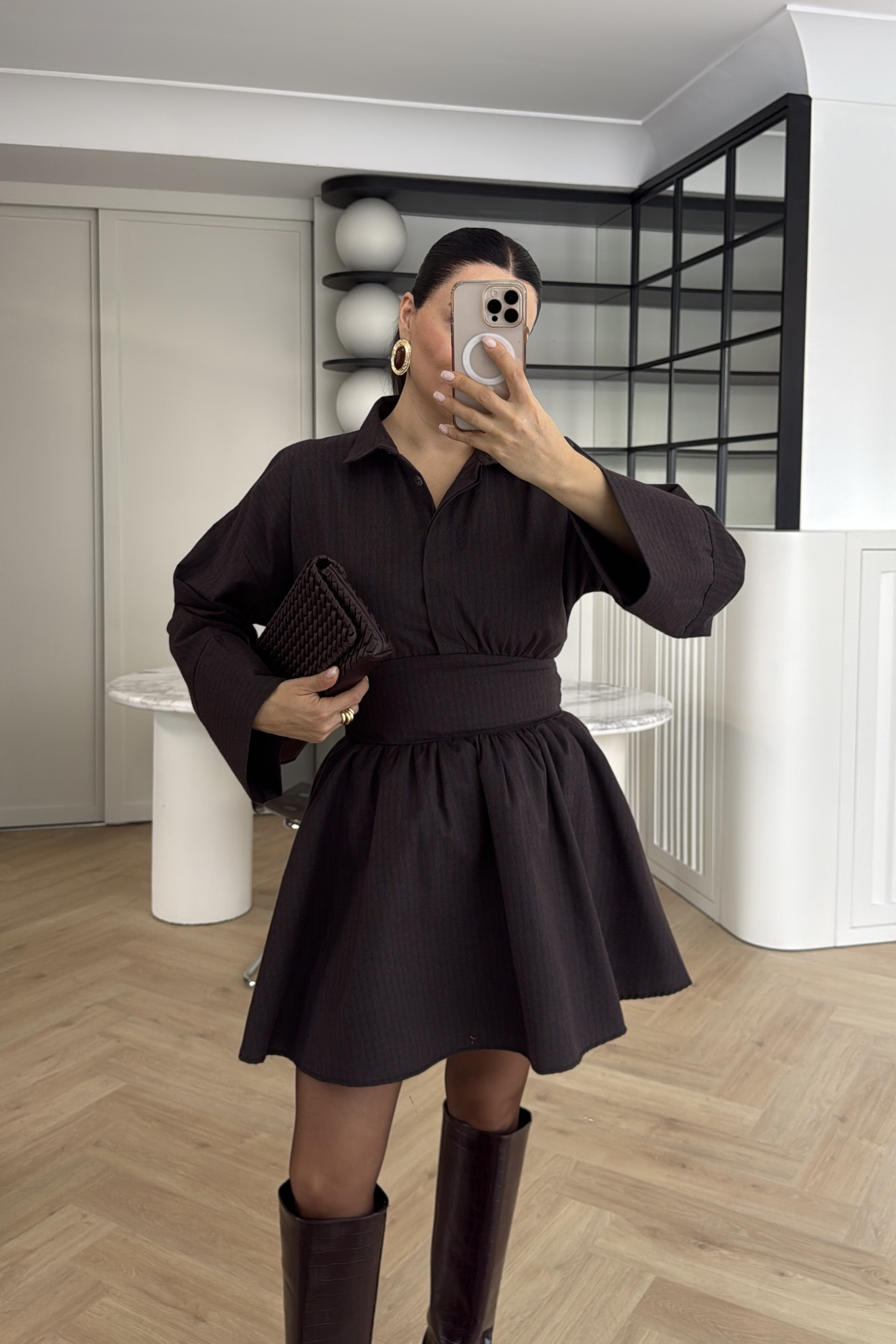 EKOSELİ GÖMLEK ELBİSE KAHVE 