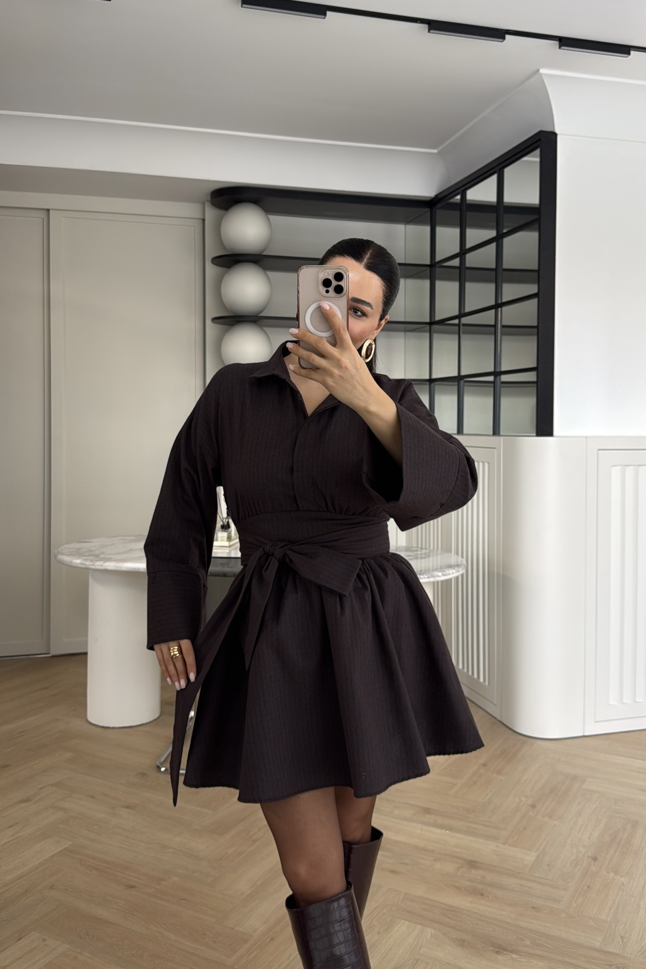 EKOSELİ GÖMLEK ELBİSE KAHVE 