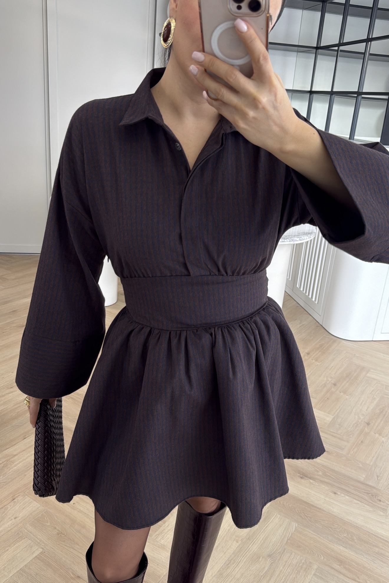 EKOSELİ GÖMLEK ELBİSE KAHVE 