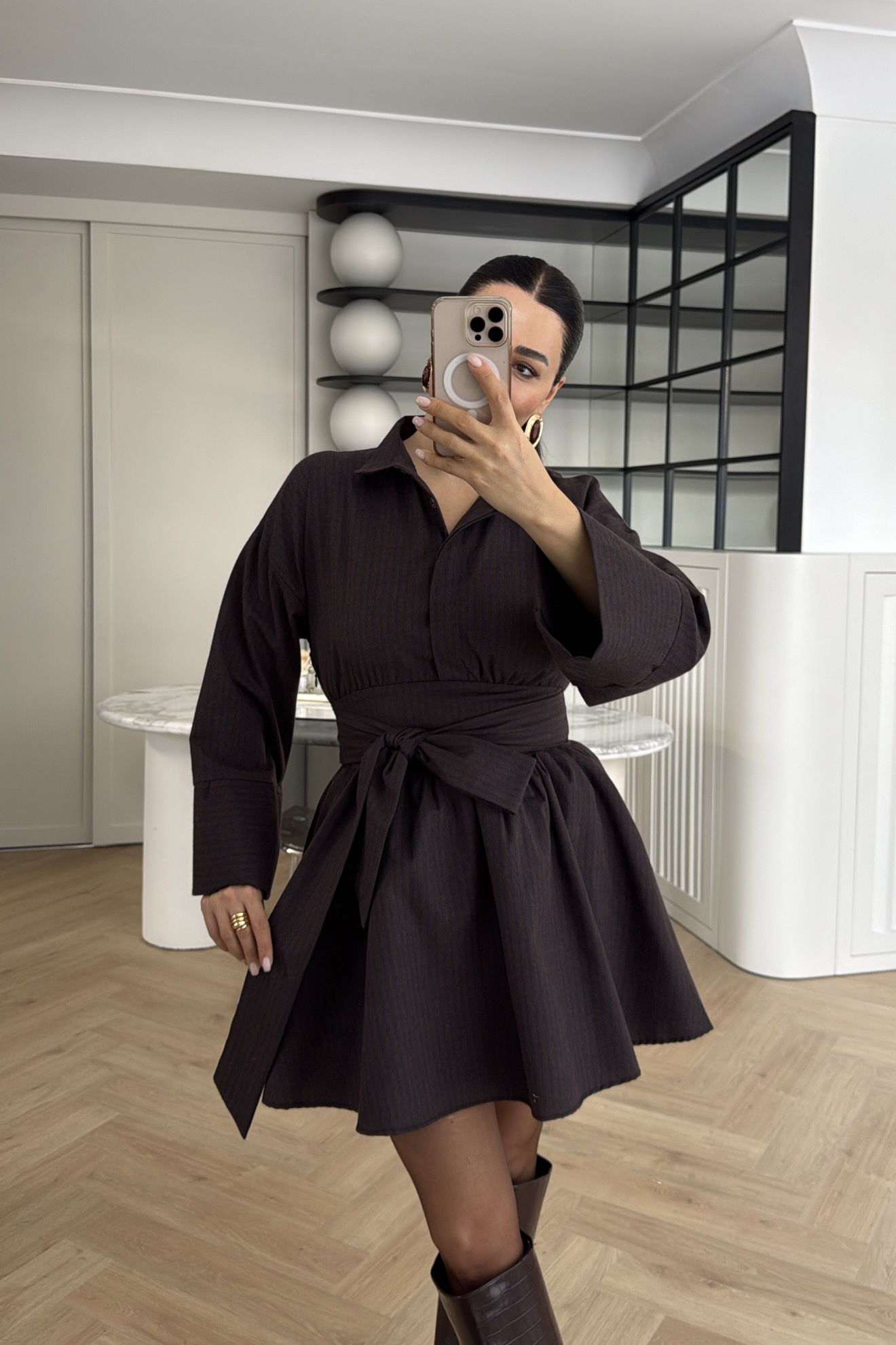 EKOSELİ GÖMLEK ELBİSE KAHVE 