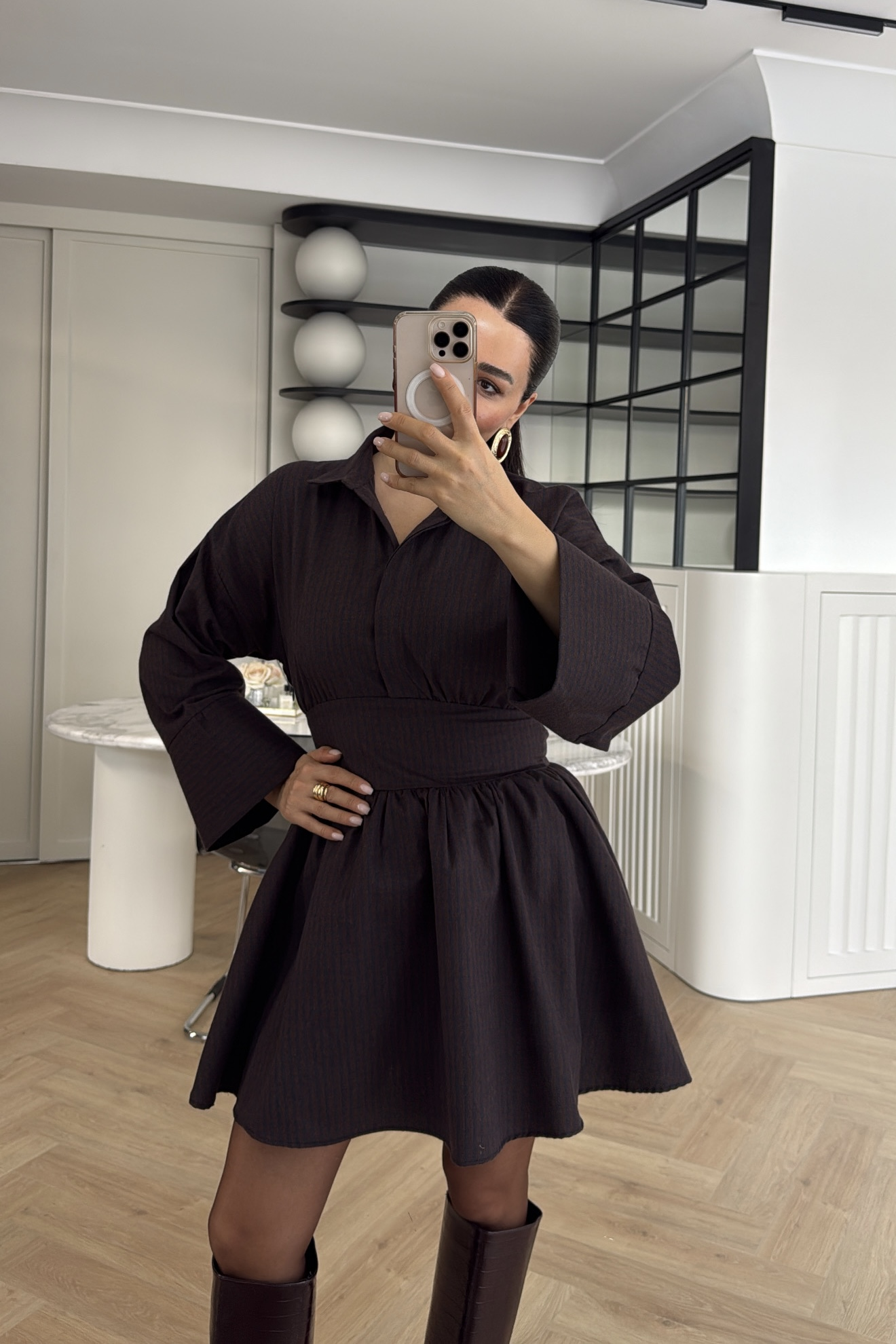 EKOSELİ GÖMLEK ELBİSE KAHVE 