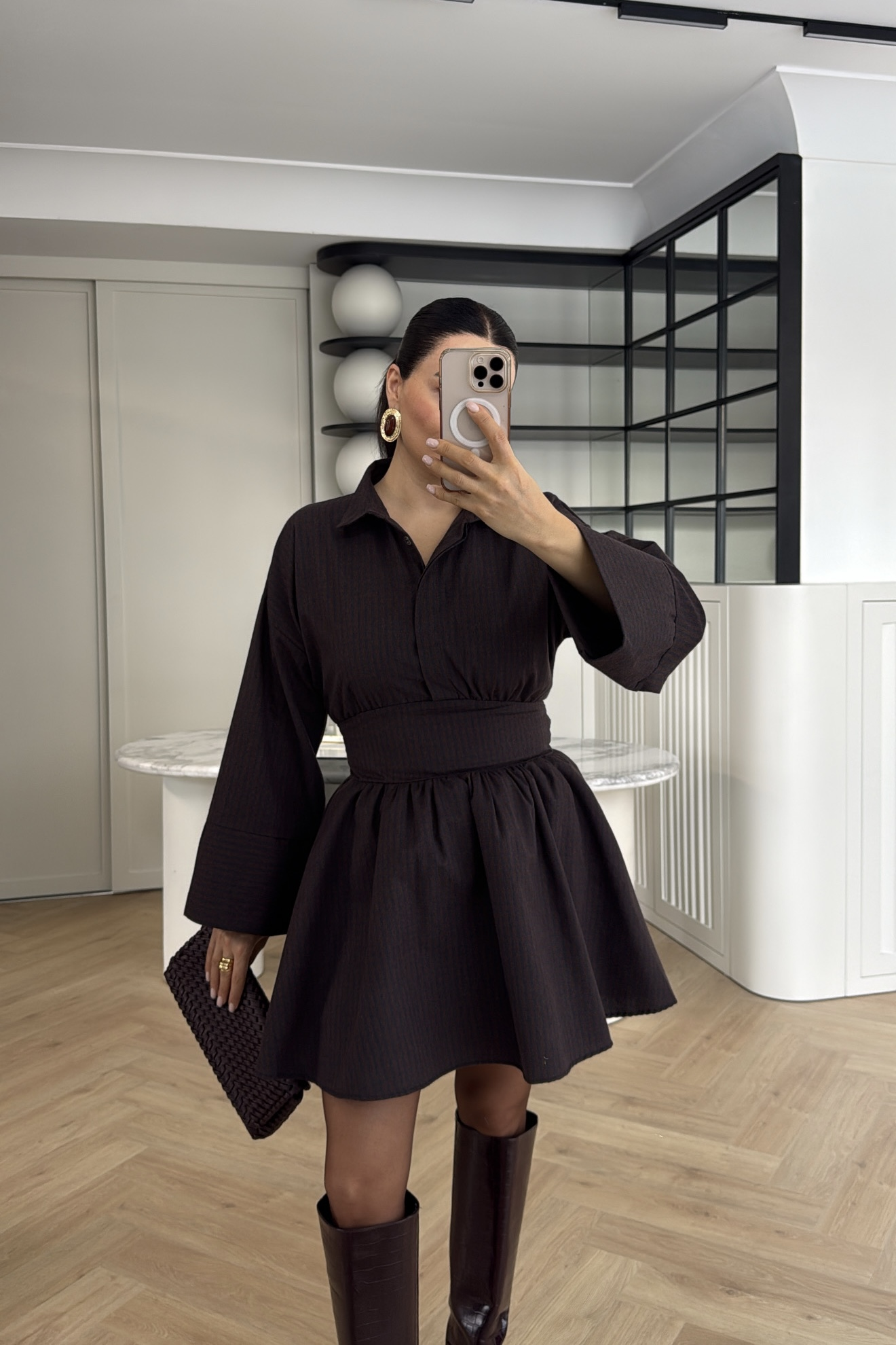 EKOSELİ GÖMLEK ELBİSE KAHVE 