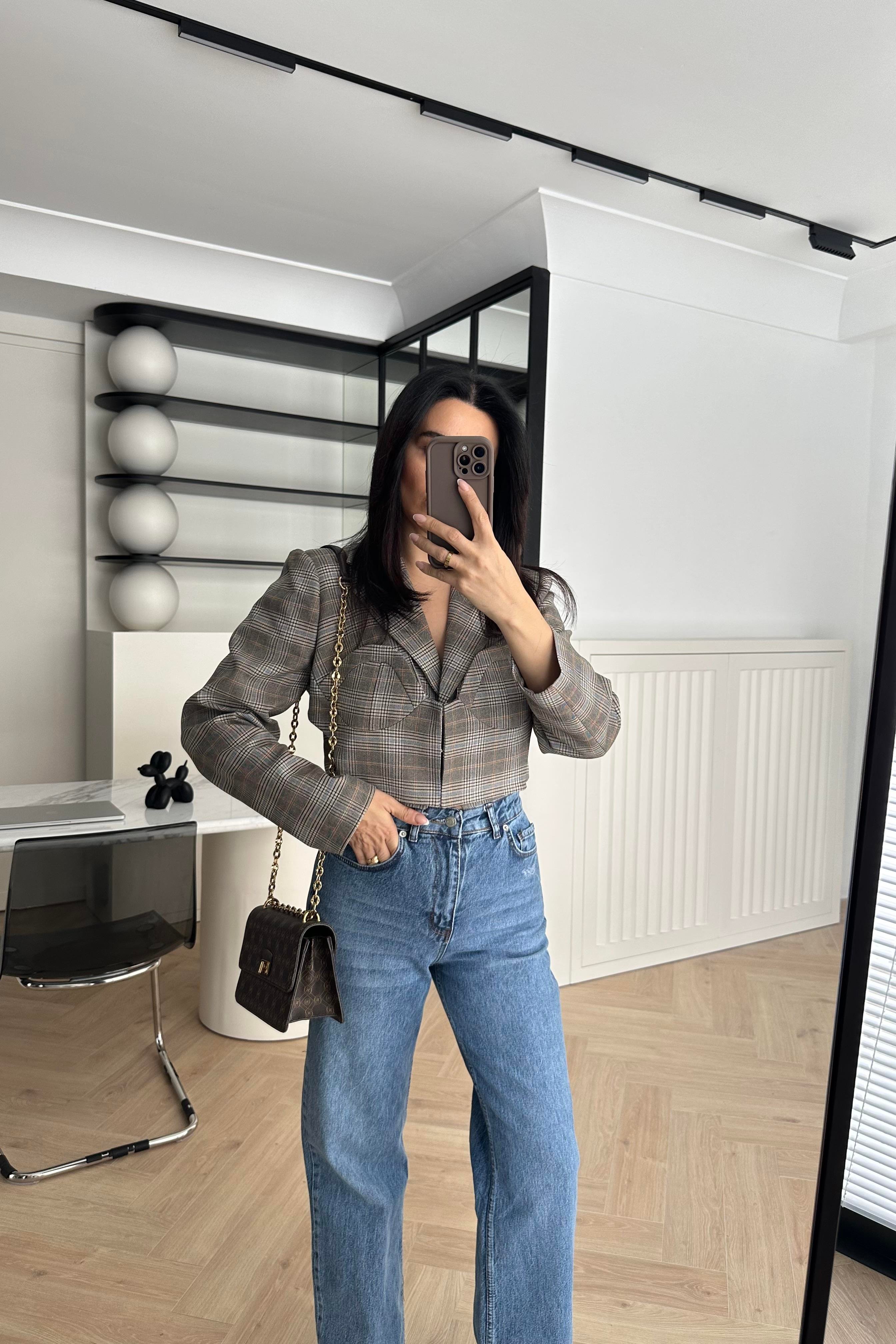 Ekoseli Kısa Blazer Ceket