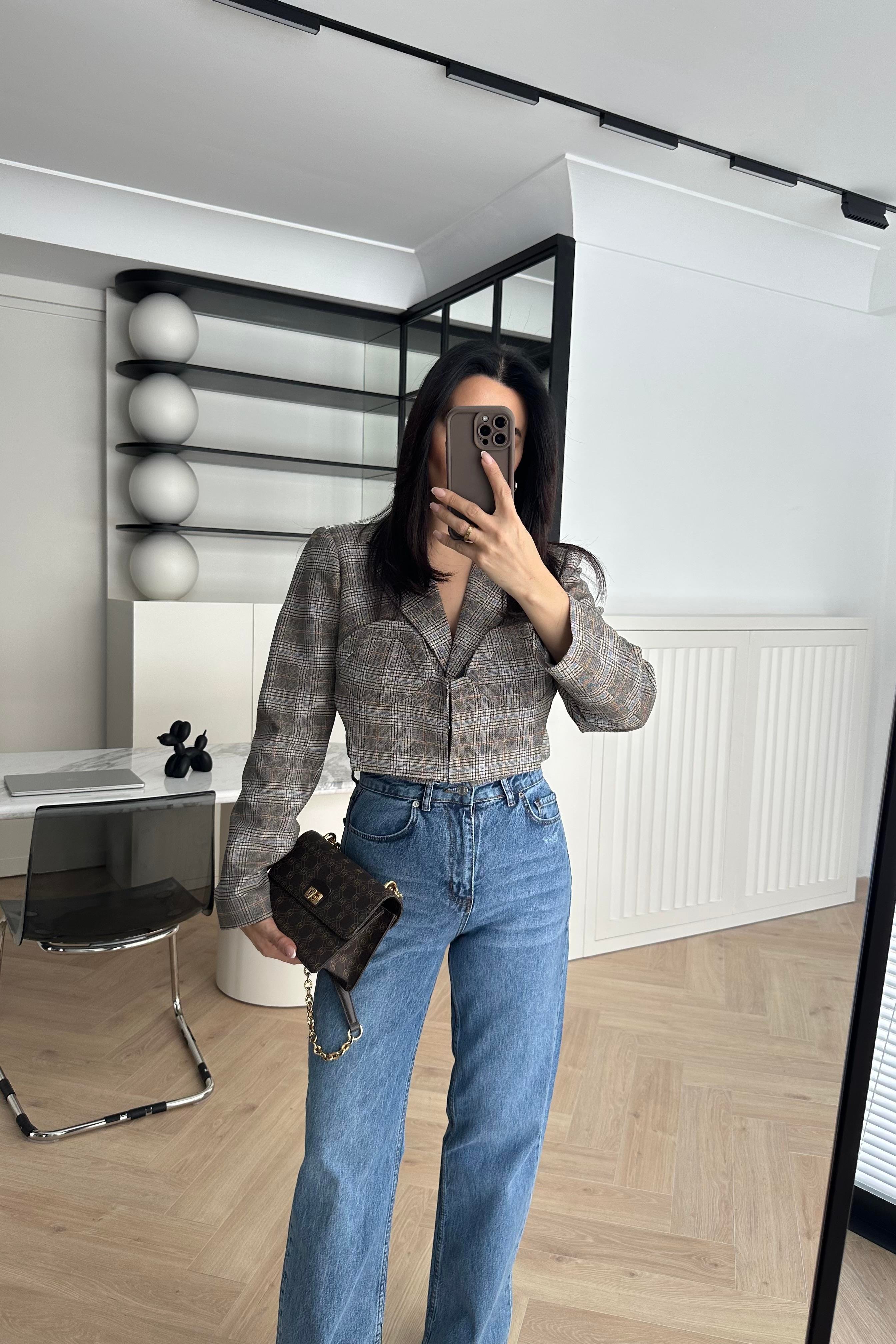 Ekoseli Kısa Blazer Ceket