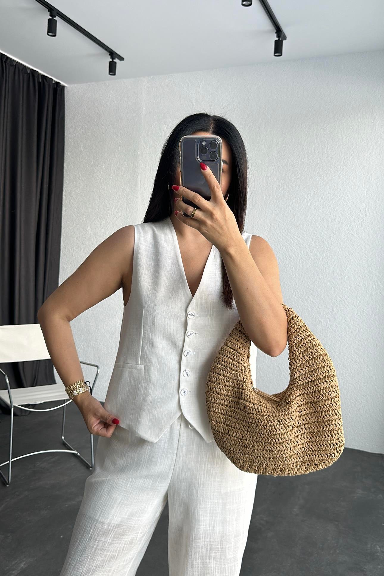 Ekru Astarlı Keten Yelek 