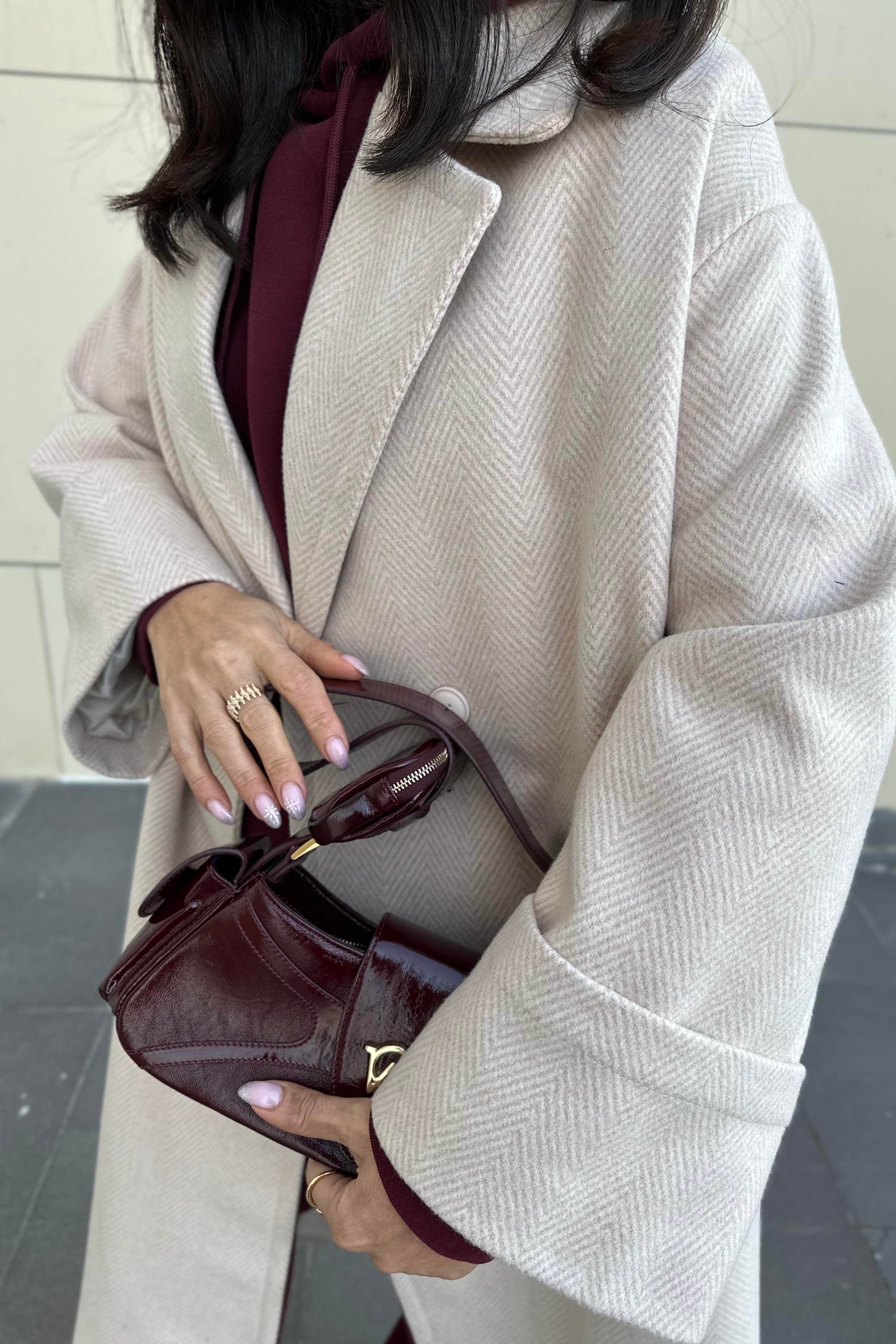 Ekru Balıksırtı Desen Kruvaze Model Premium Kaşe Kaban