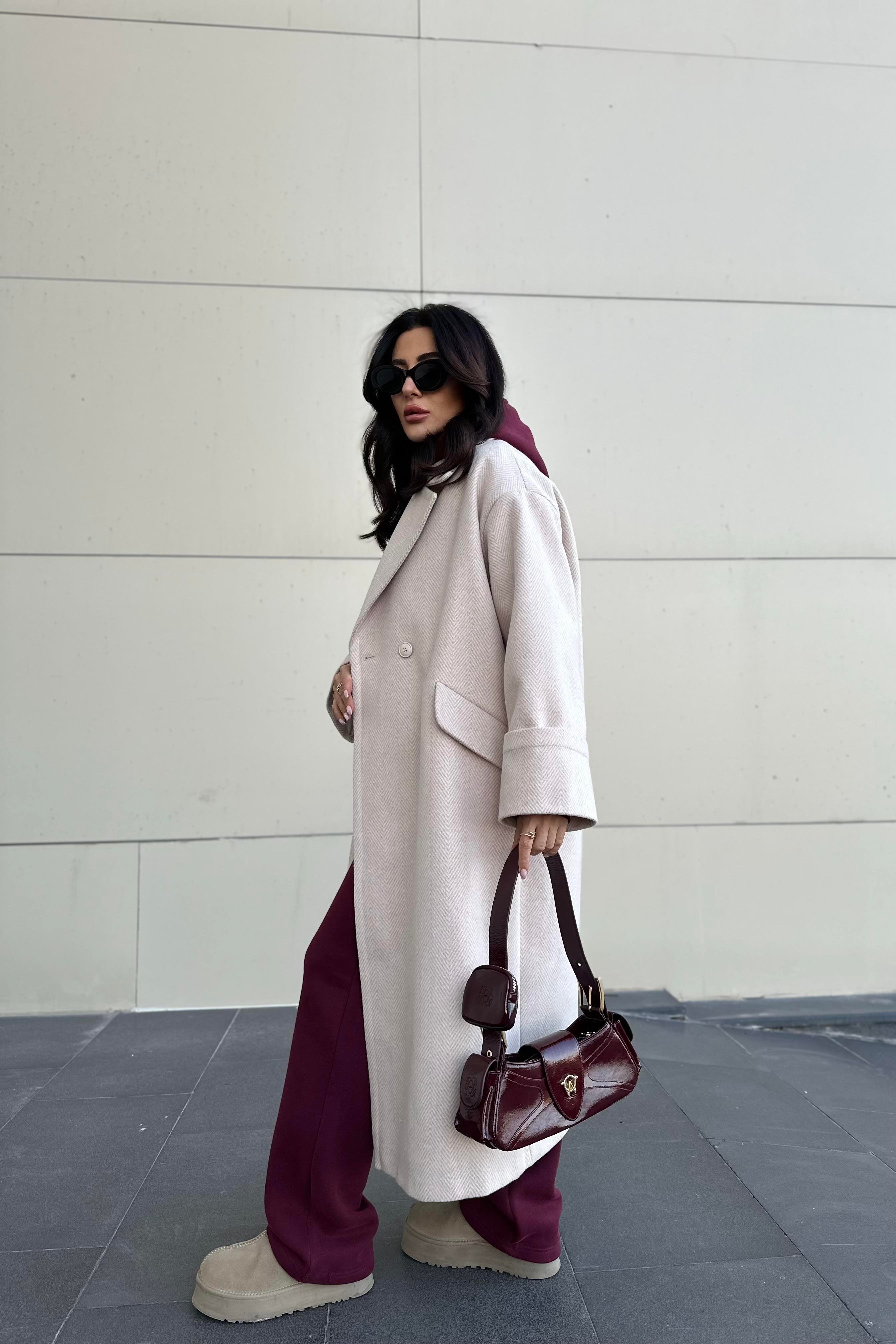 Ekru Balıksırtı Desen Kruvaze Model Premium Kaşe Kaban