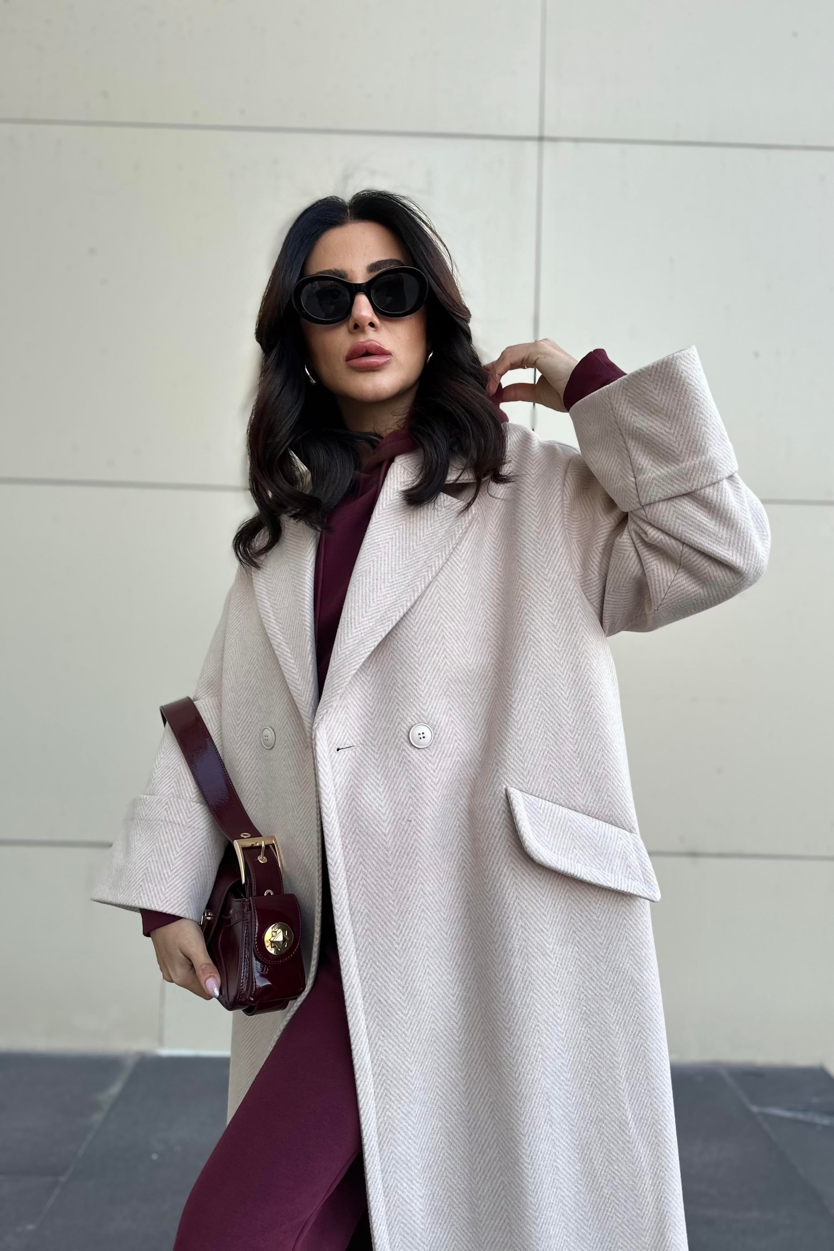 Ekru Balıksırtı Desen Kruvaze Model Premium Kaşe Kaban