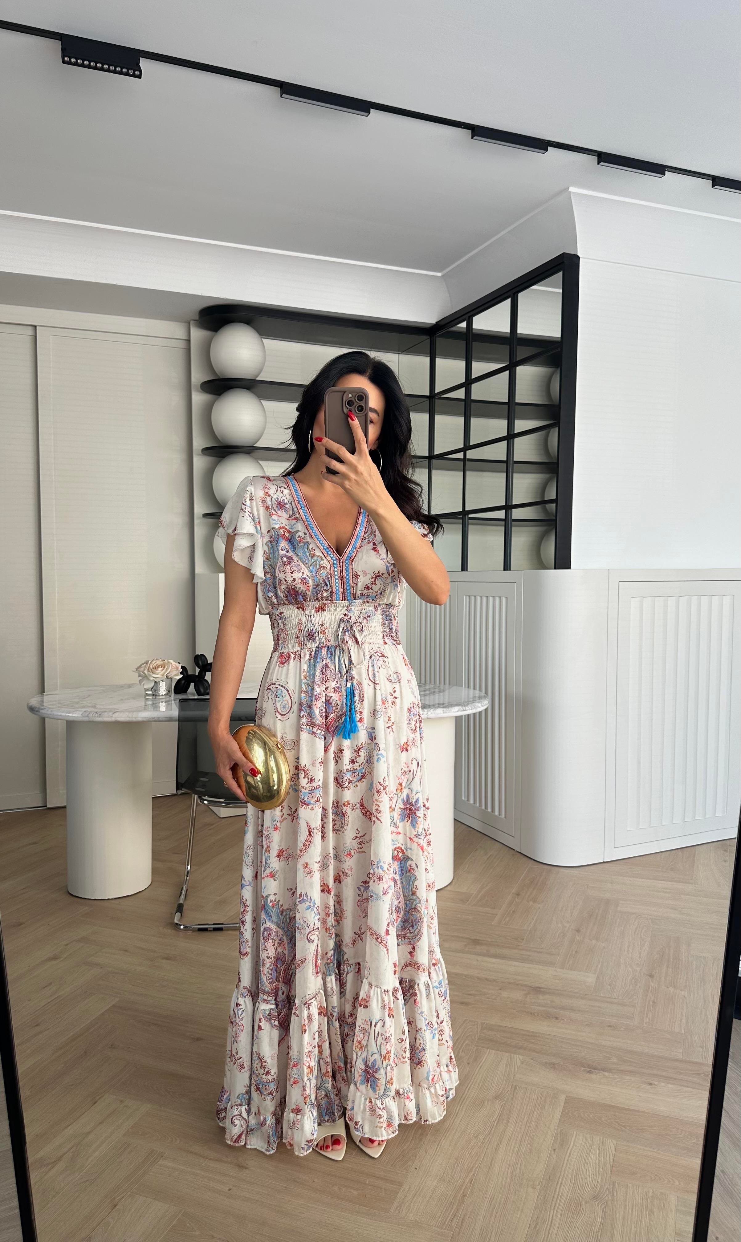 Ekru Desenli Maxi Elbise 