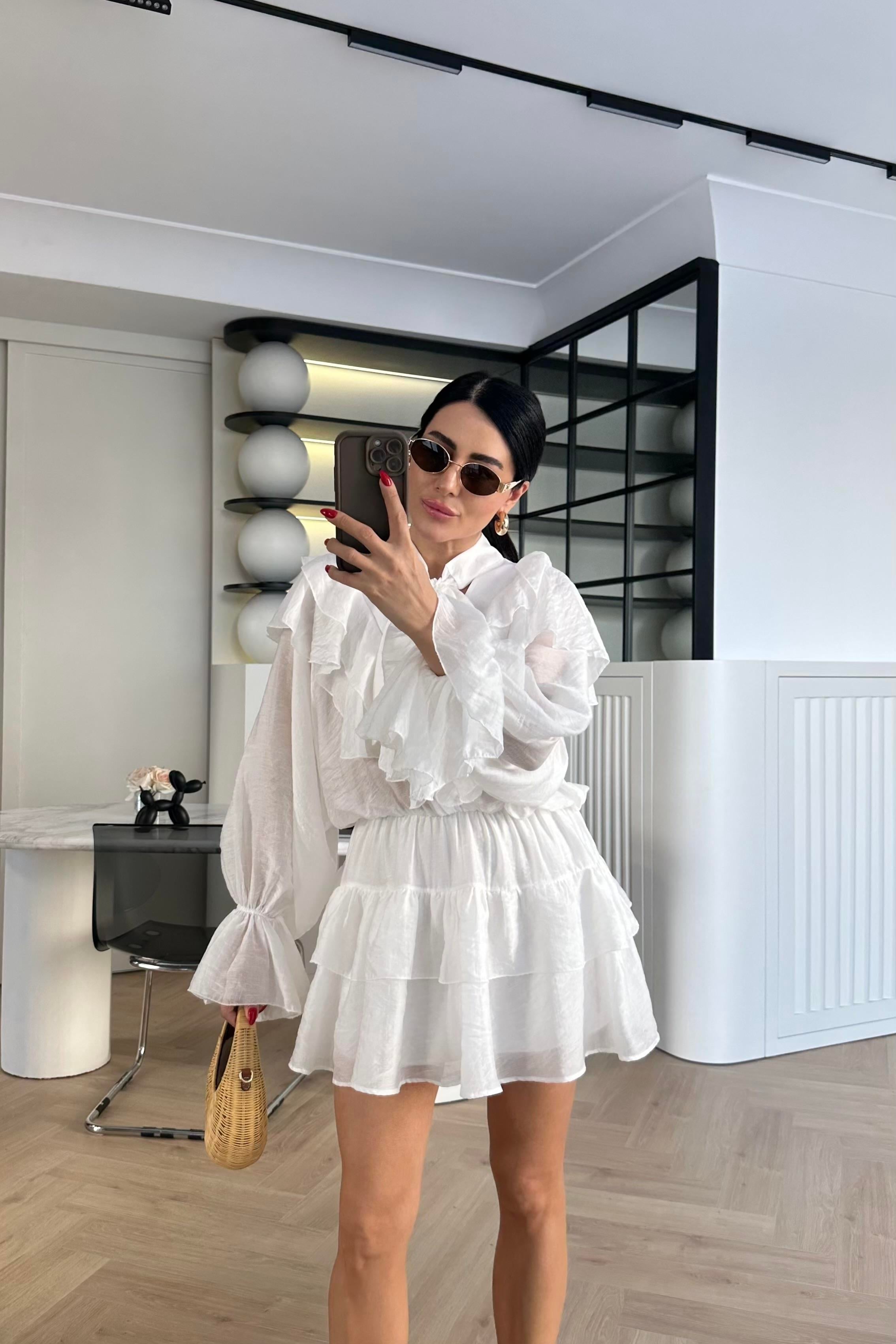 Ekru Katlı Şifon Elbise