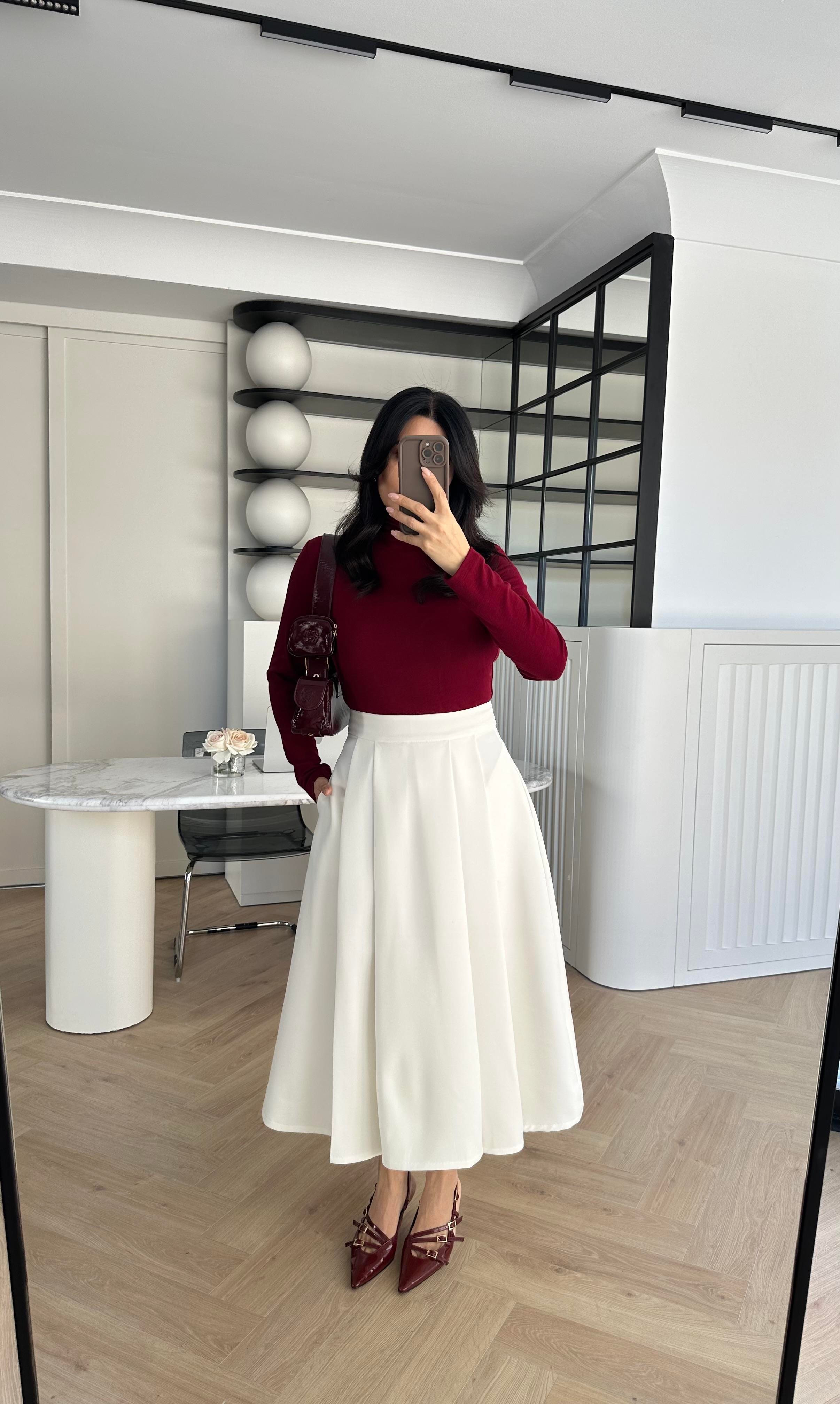 Ekru Pileli Çan Model Cepli Balon Etek