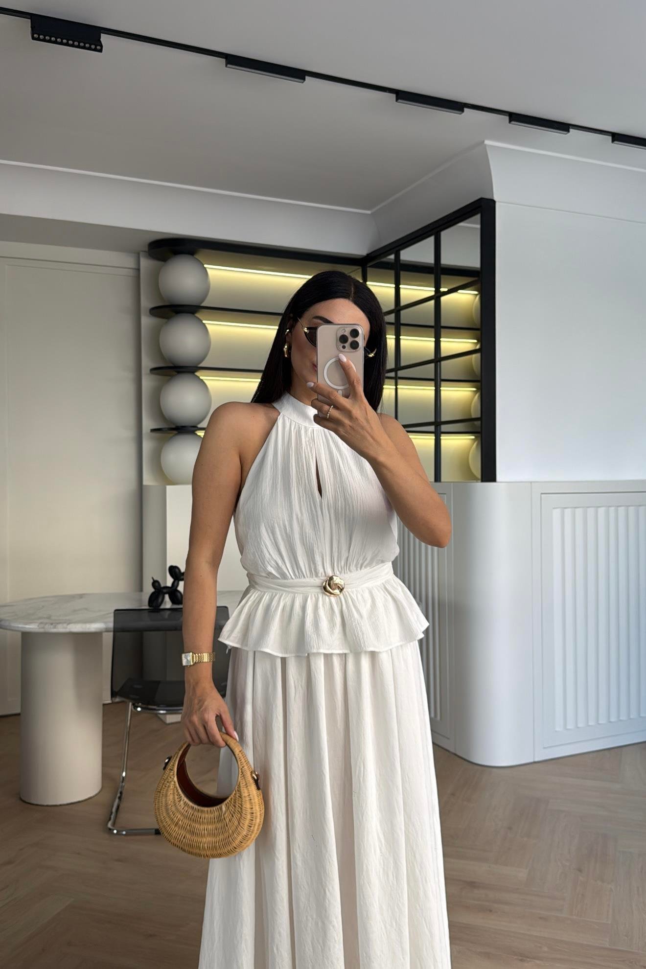 EKRU PİLİSELİ BLUZ ETEK TAKIM 