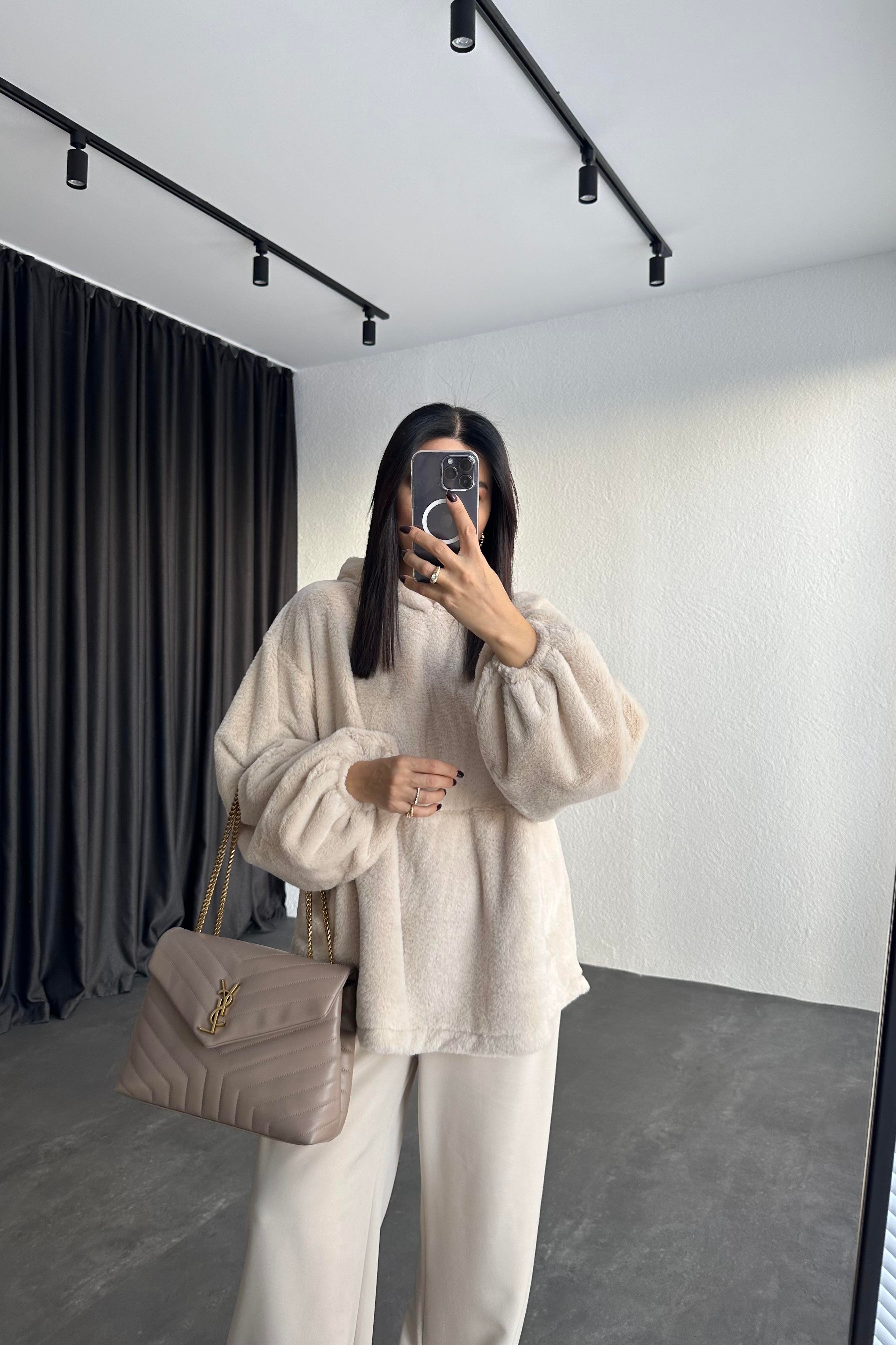 Ekru Renk Kanguru Cepli Massimo Peluş Sweatshirt