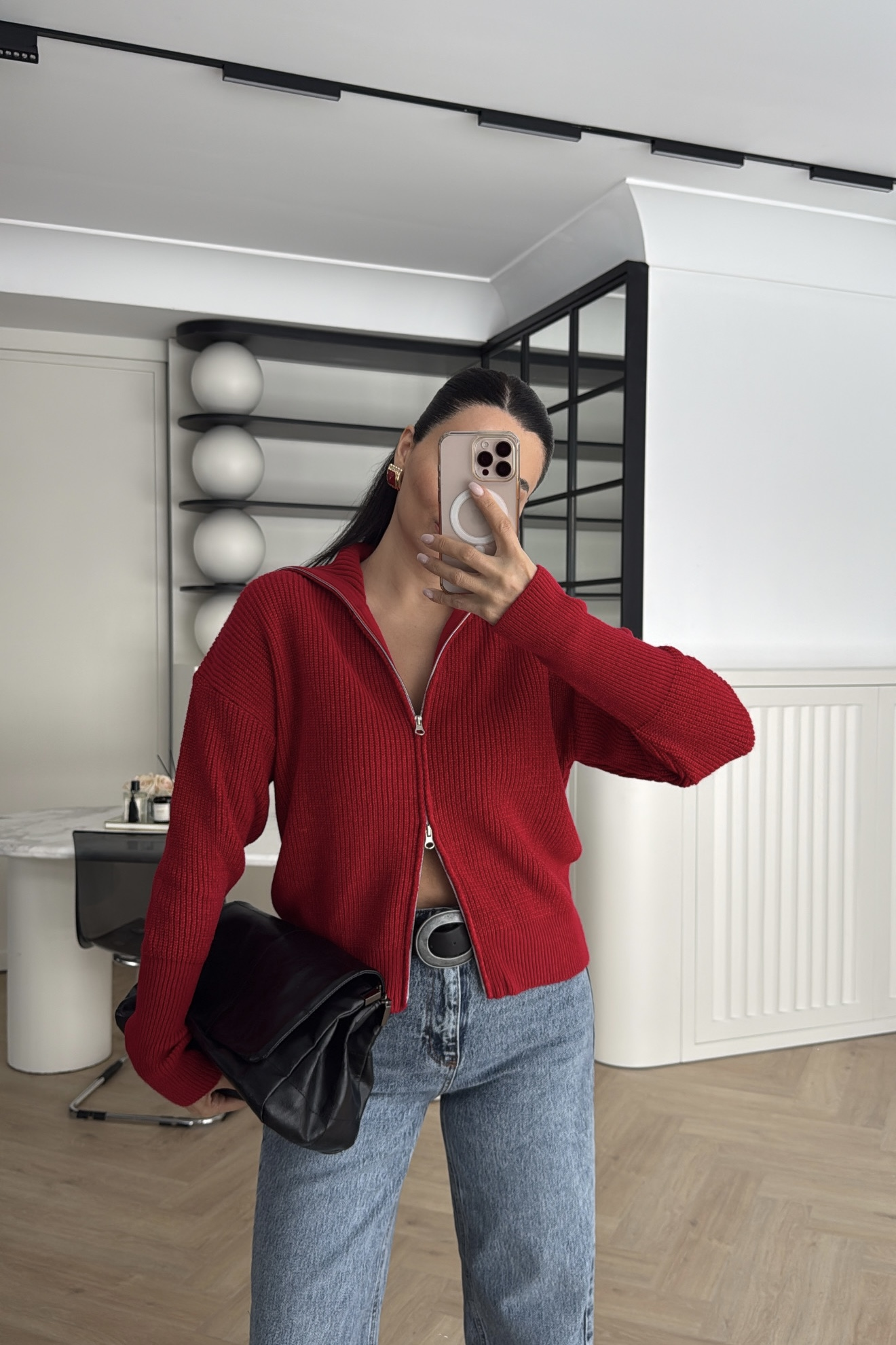 FERMUARLI GENİŞ YAKALI TRİKO HIRKA KIRMIZI